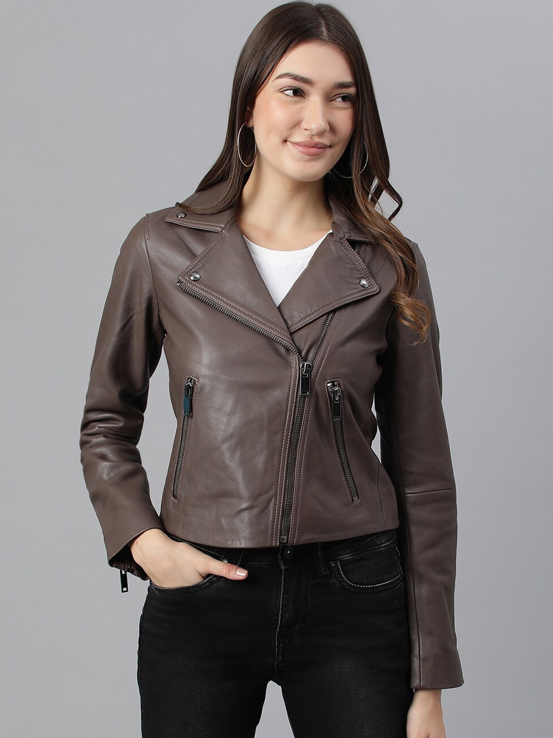 

Woods Women Brown Leather Crop Biker Jacket