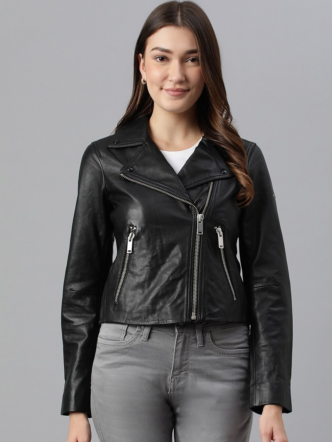 

Woods Women Black Leather Crop Biker Jacket