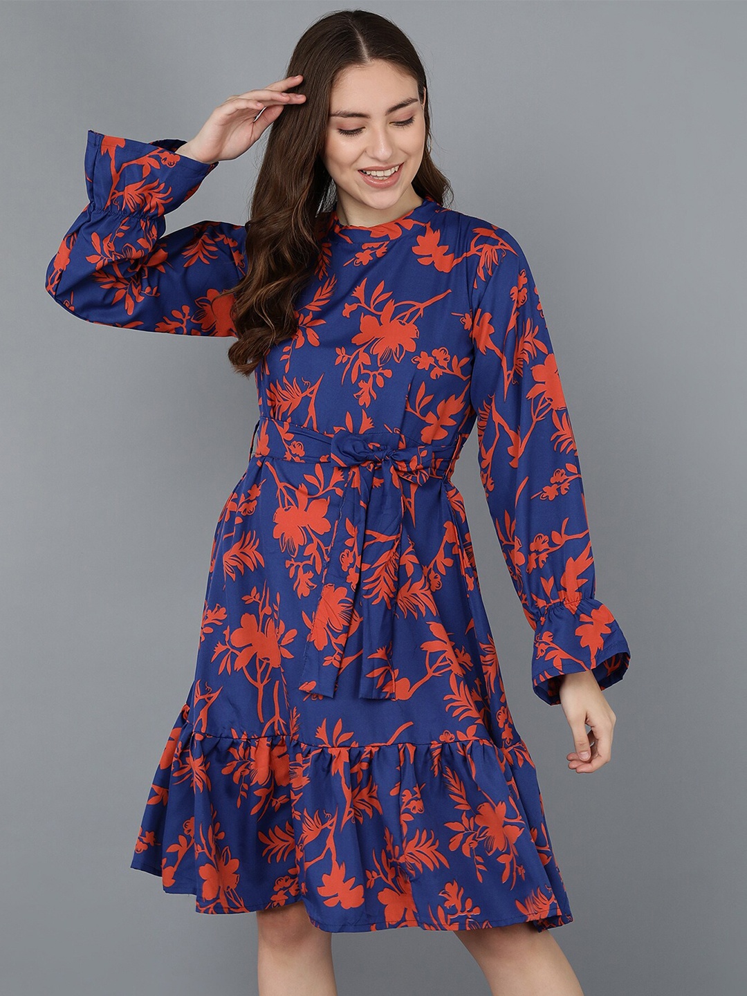 

Fashfun Women Blue & Red Floral Printed Flounce A-Line Dress