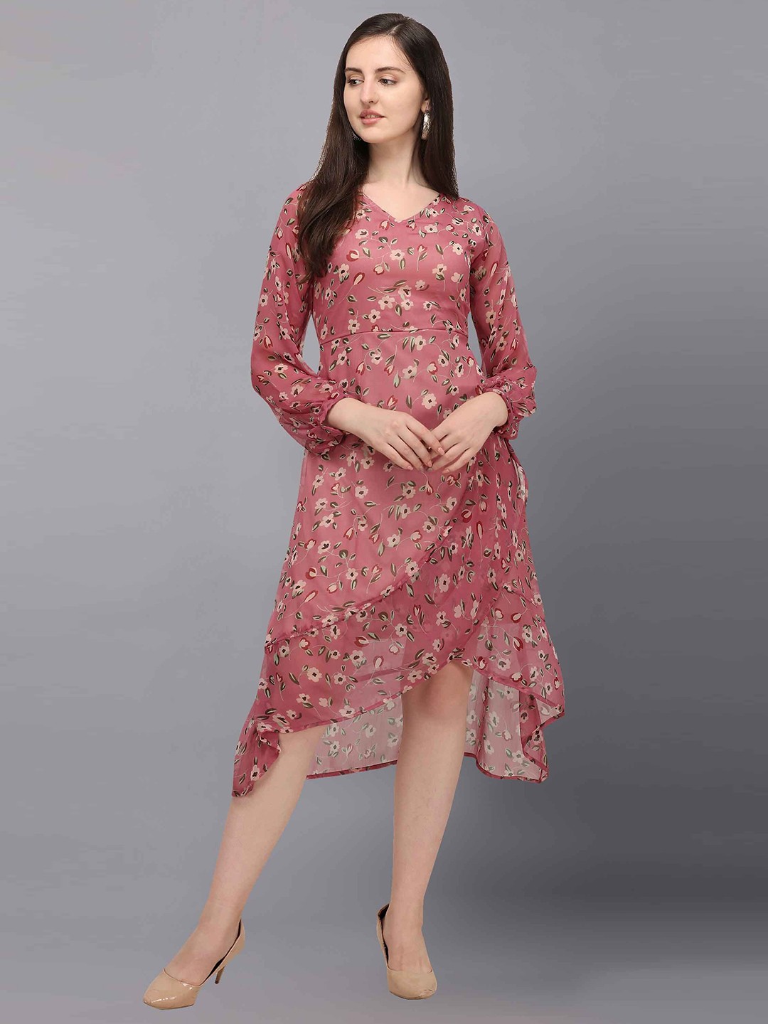 

Fashfun Women Mauve Floral Printed A-Line Midi Dress