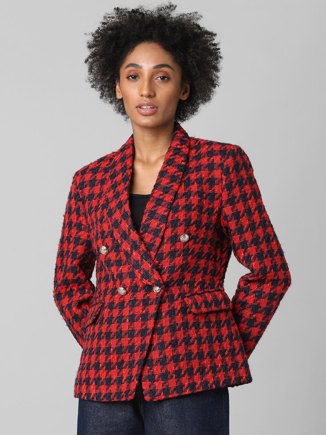 

ONLY Women Red & Black Checked Double Breasted Blazer