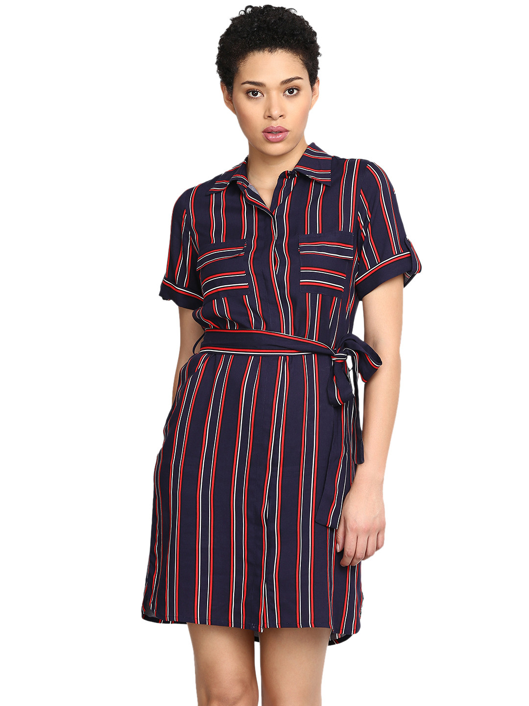 

Harpa Women Navy Blue Striped Fit and Flare Dress