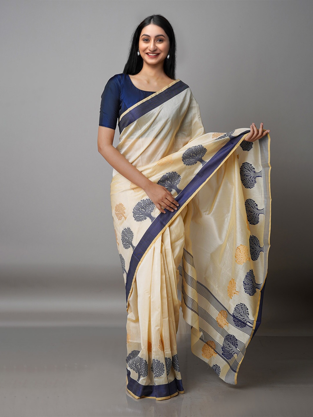 

Unnati Silks Cream-Coloured & Navy Blue Ethnic Motifs Silk Cotton Bhagalpuri Saree