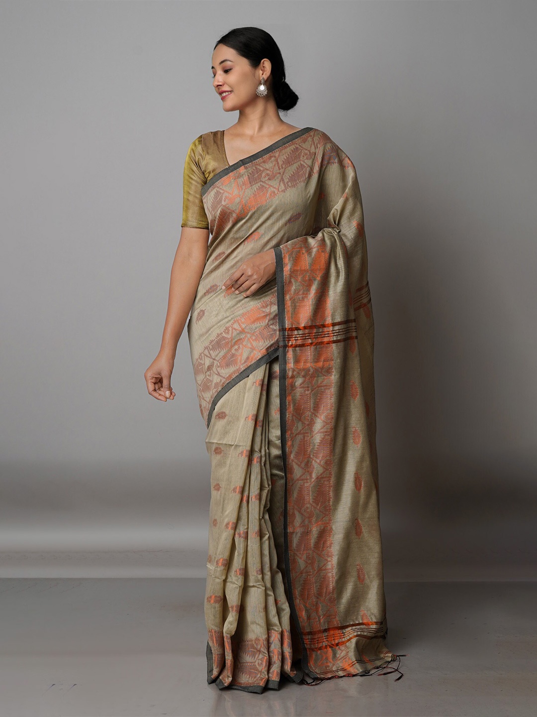 

Unnati Silks Beige & Bronze-Toned Woven Design Zari Silk Cotton Jamdani Saree