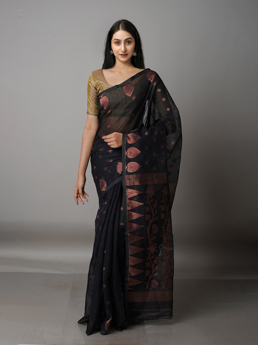 

Unnati Silks Black & Copper-Toned Woven Design Zari Silk Cotton Jamdani Saree