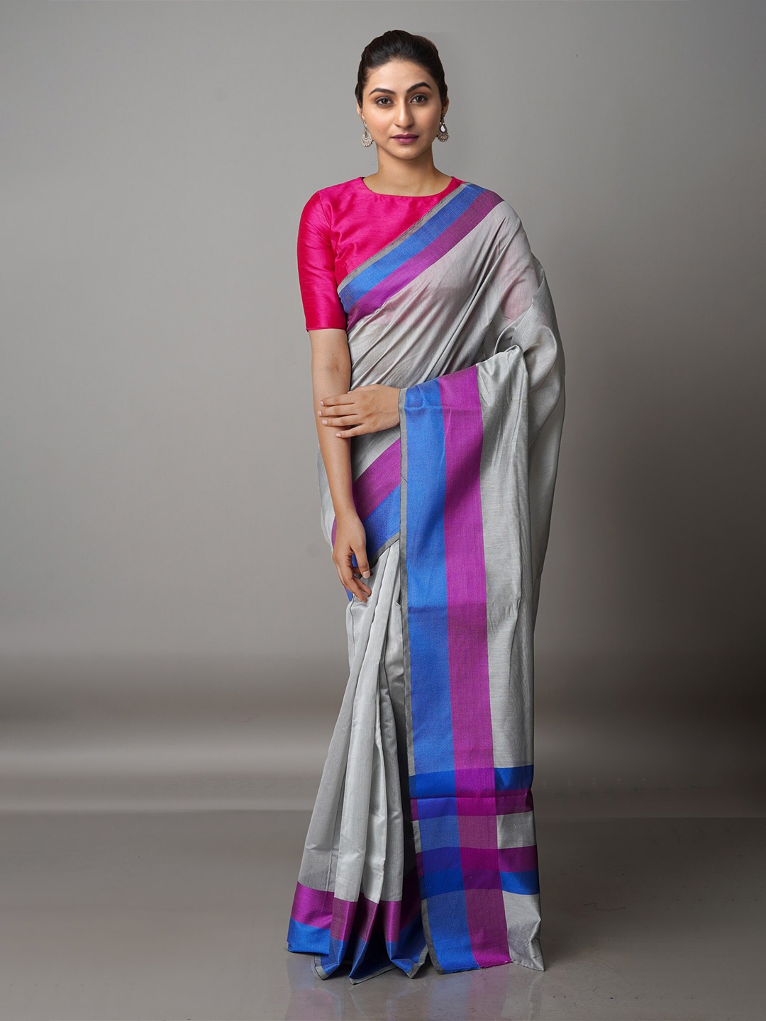 

Unnati Silks Grey & Blue Ethnic Motifs Silk Cotton Bhagalpuri Saree