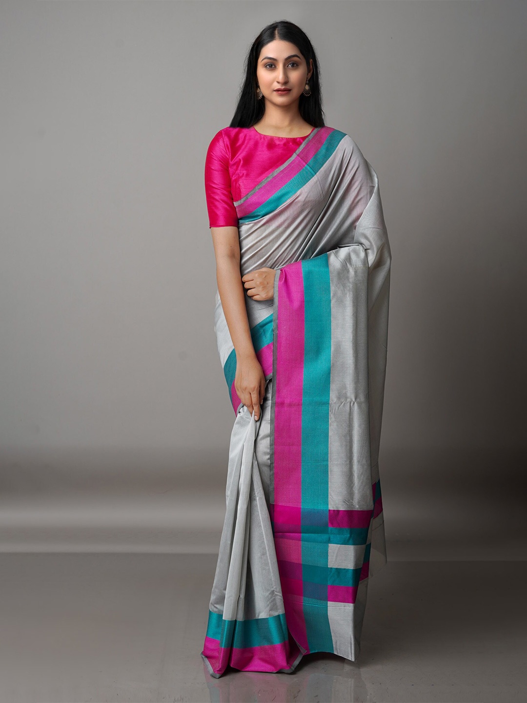 

Unnati Silks Grey & Pink Silk Cotton Bhagalpuri Saree