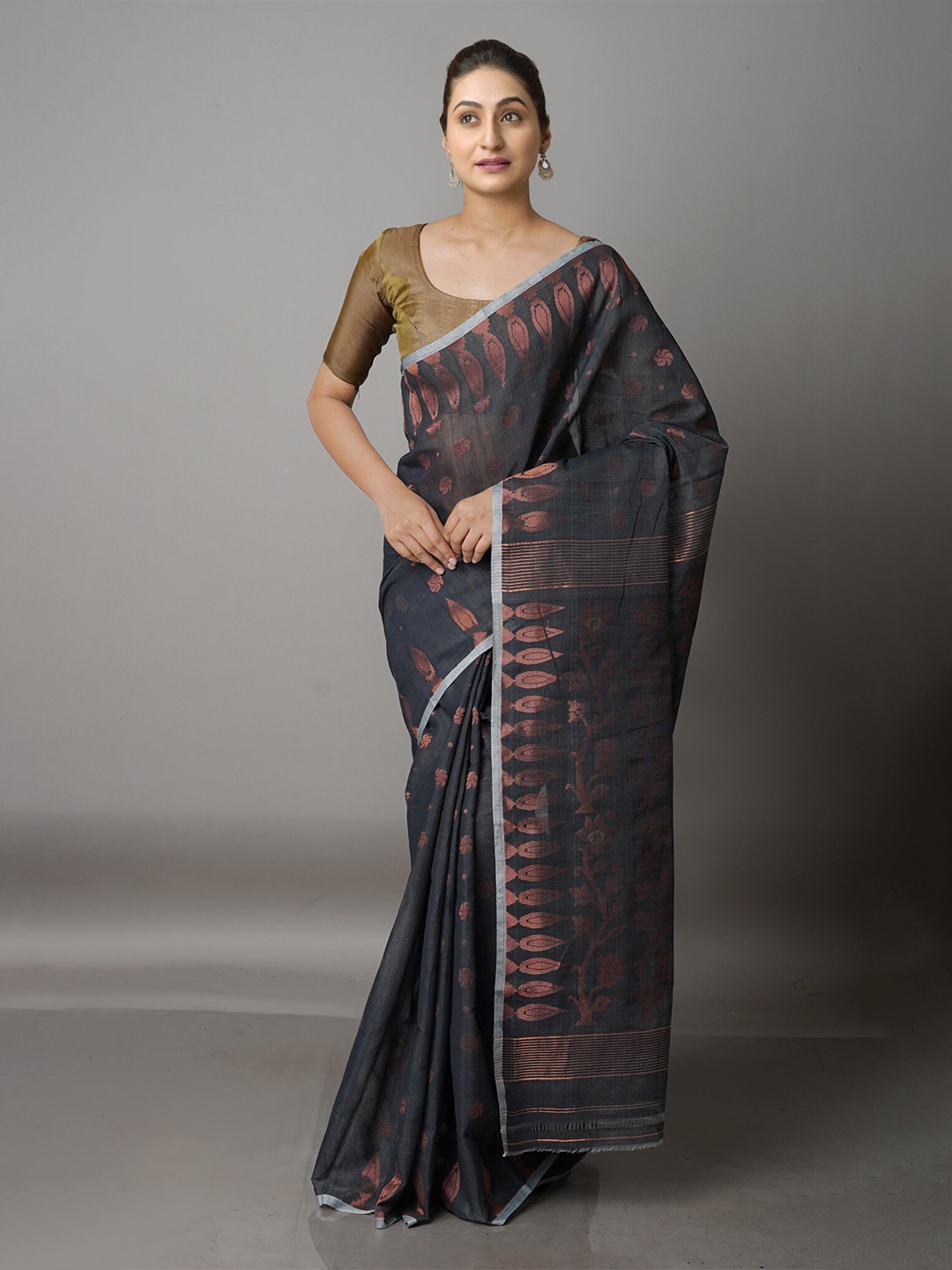 

Unnati Silks Grey & Copper-Toned Woven Design Zari Silk Cotton Jamdani Saree