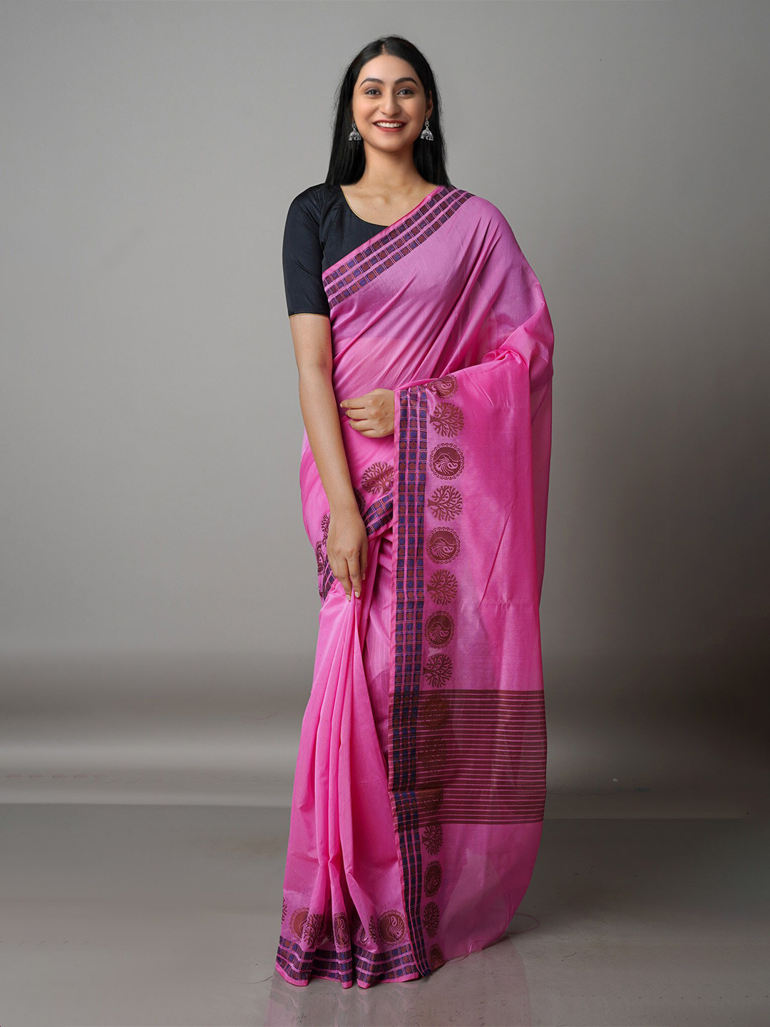 

Unnati Silks Pink & Brown Woven Design Silk Cotton Bhagalpuri Saree