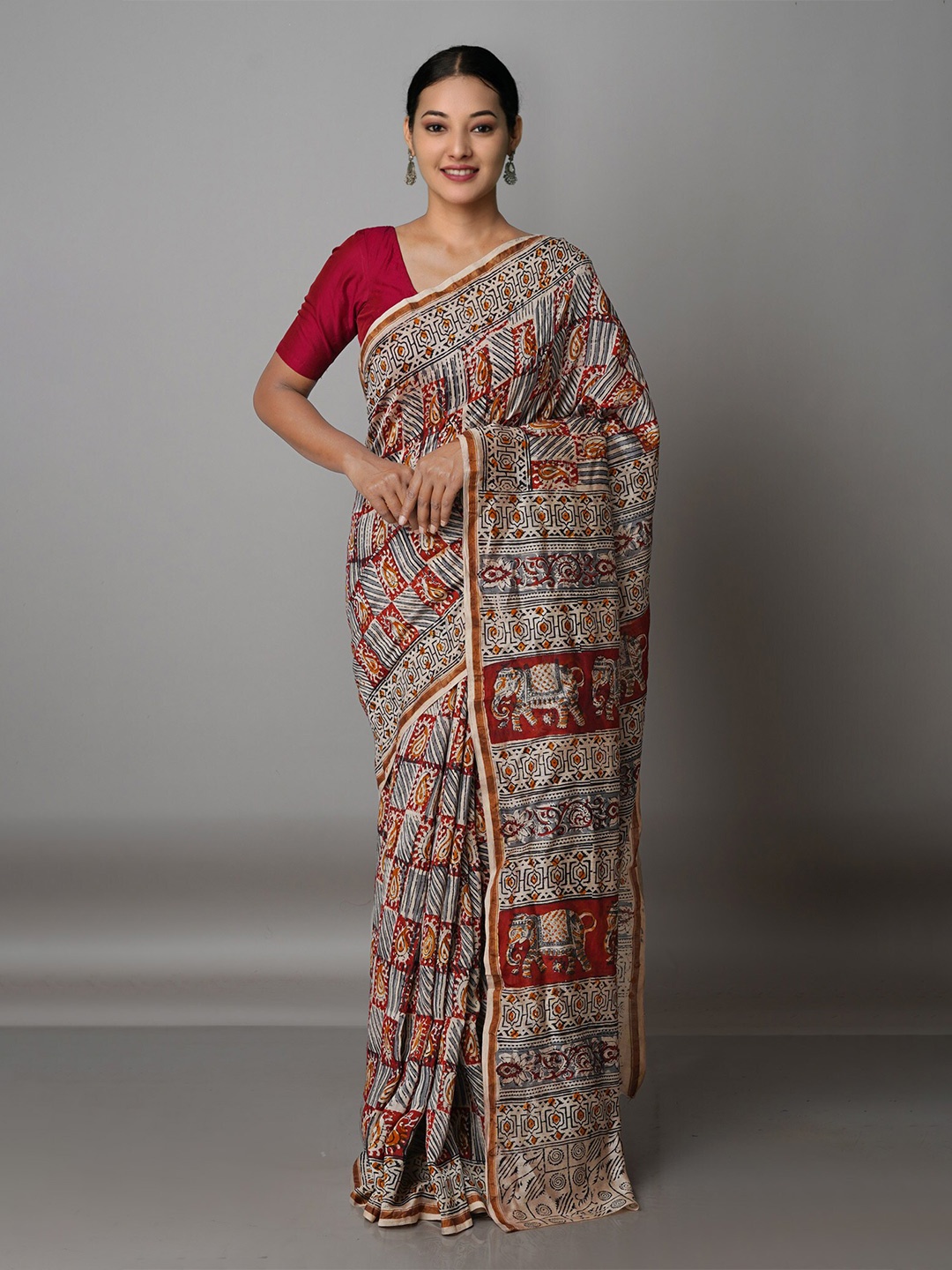 

Unnati Silks Off White & Red Kalamkari Silk Cotton Chanderi Saree