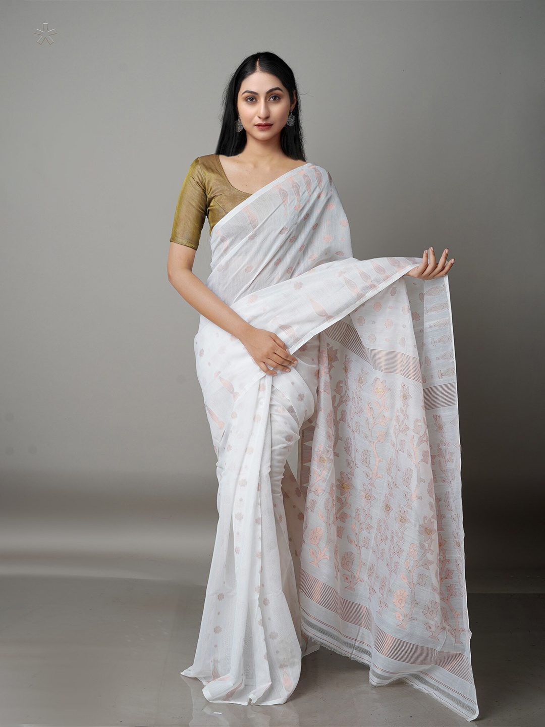 

Unnati Silks White & Copper-Toned Woven Design Zari Silk Cotton Jamdani Saree