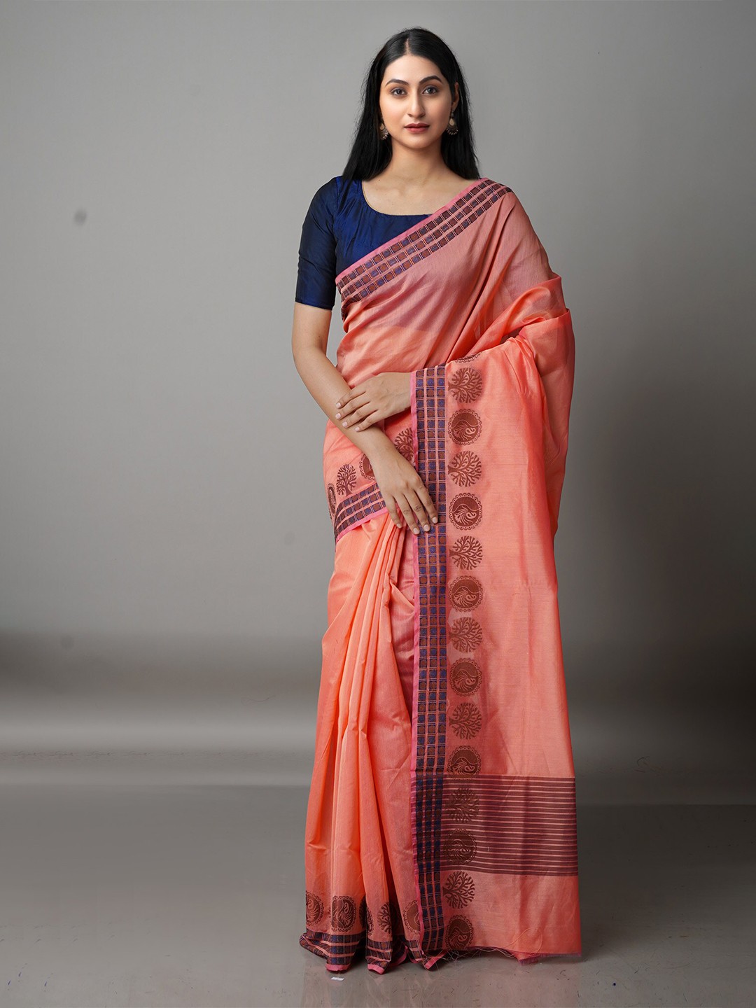 

Unnati Silks Peach-Coloured & Brown Woven Design Silk Cotton Bhagalpuri Saree