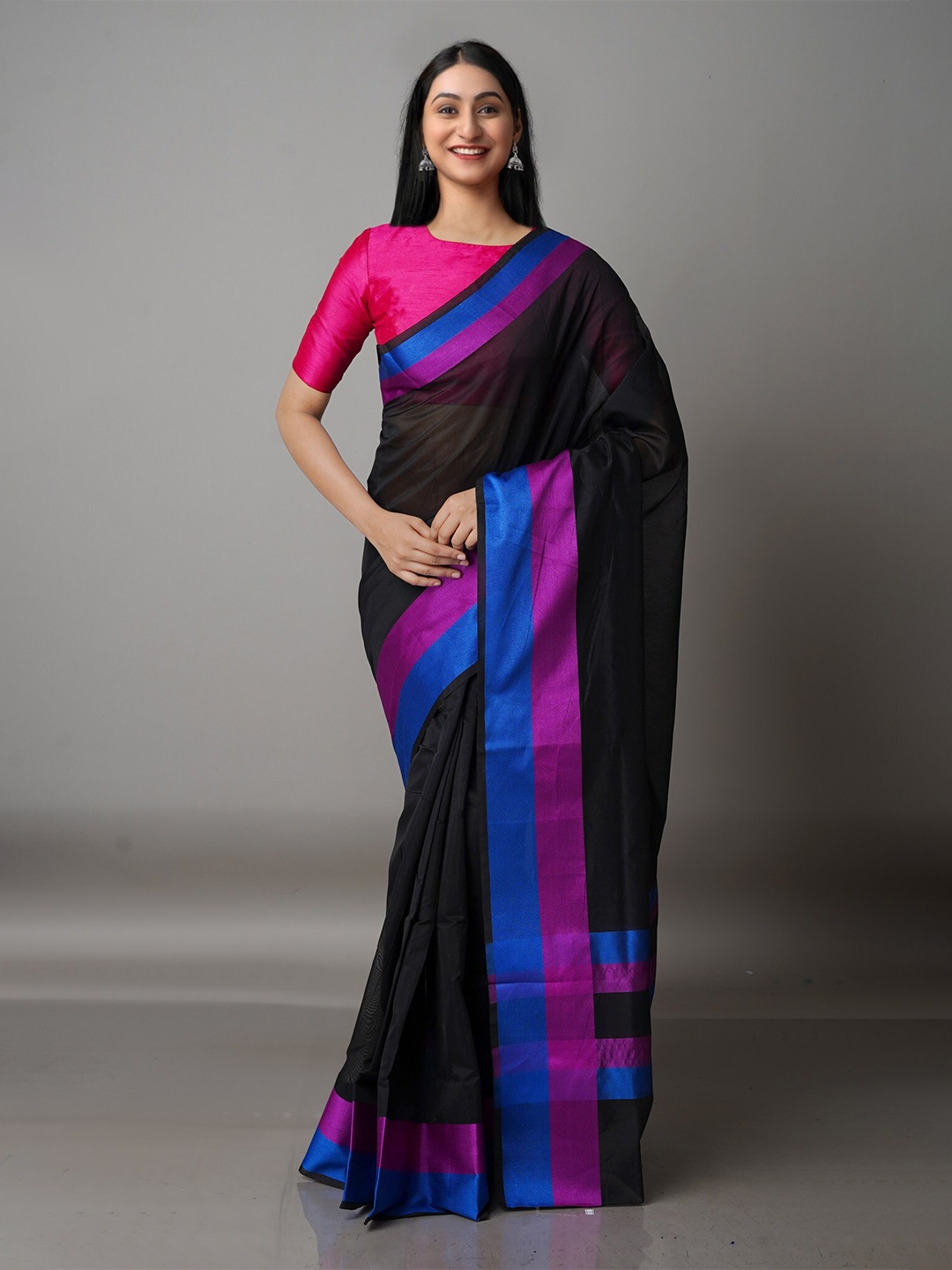 

Unnati Silks Black & Pink Silk Cotton Bhagalpuri Saree