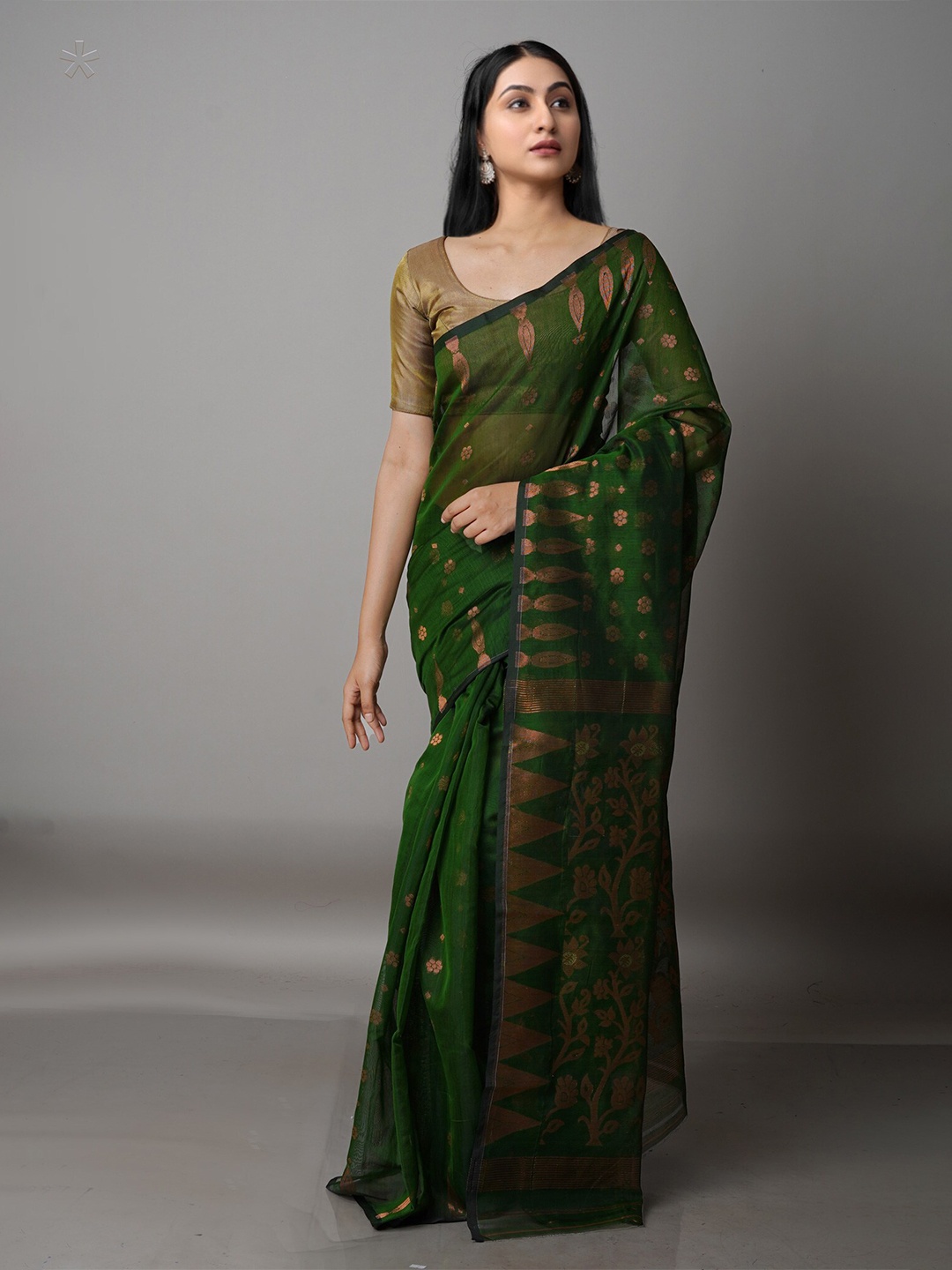 

Unnati Silks Green & Copper-Toned Woven Design Zari Silk Cotton Jamdani Saree