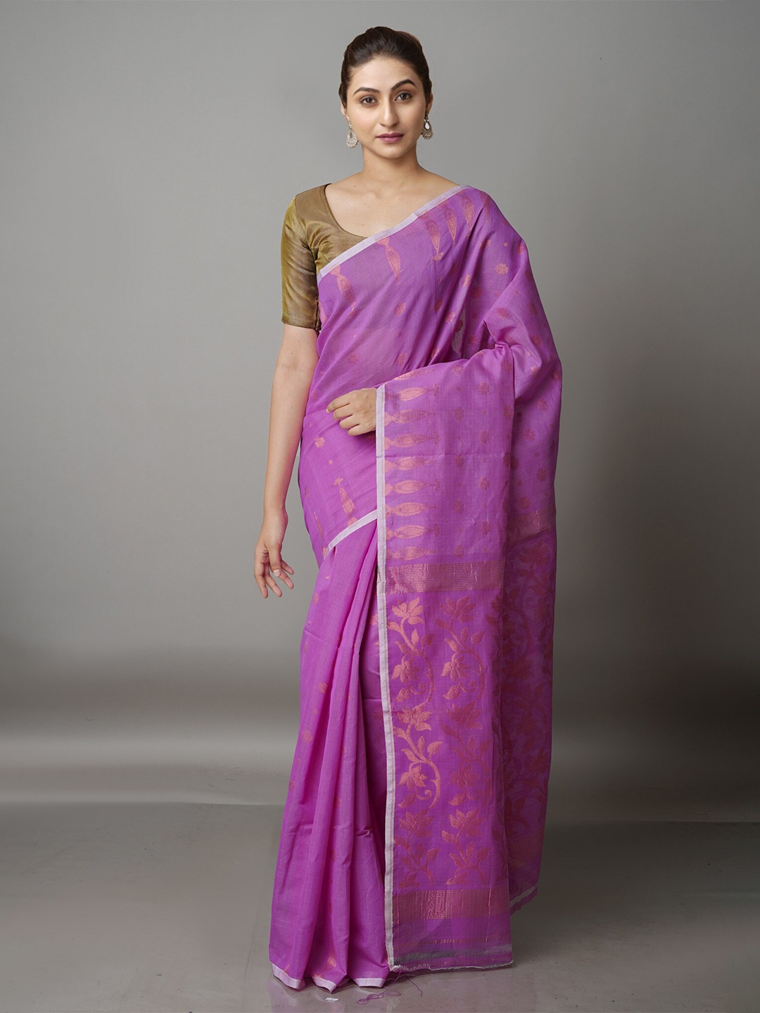 

Unnati Silks Purple & Copper-Toned Ethnic Motifs Silk Cotton Jamdani Saree
