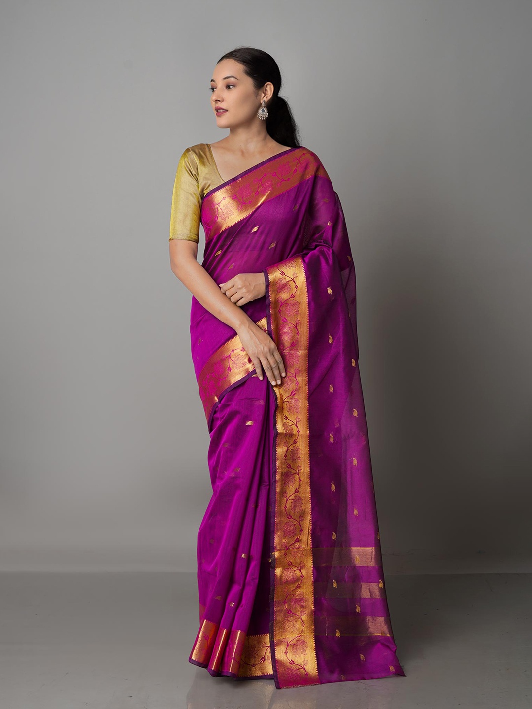 

Unnati Silks Purple & Gold-Toned Woven Design Zari Silk Cotton Bhagalpuri Saree