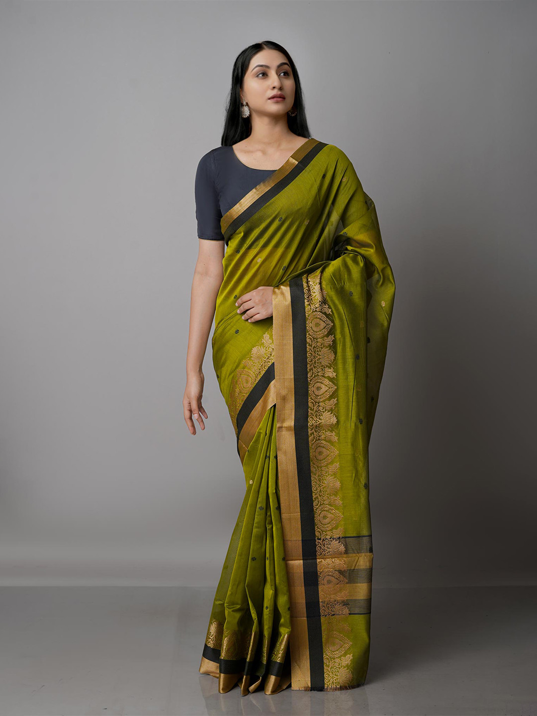 

Unnati Silks Olive Green & Gold-Toned Woven Design Zari Silk Cotton Bhagalpuri Saree