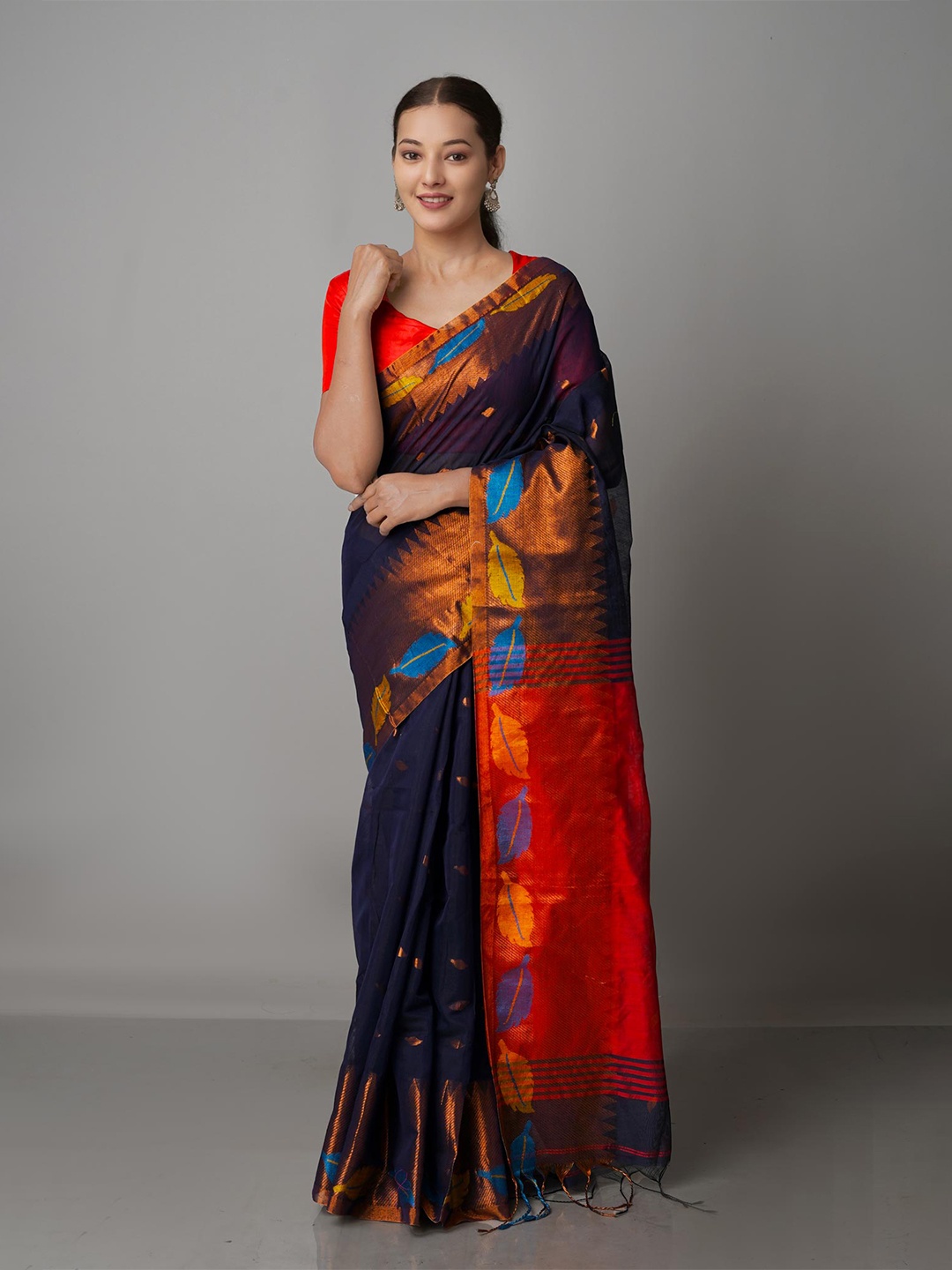 

Unnati Silks Black & Copper-Toned Woven Design Zari Silk Cotton Jamdani Saree