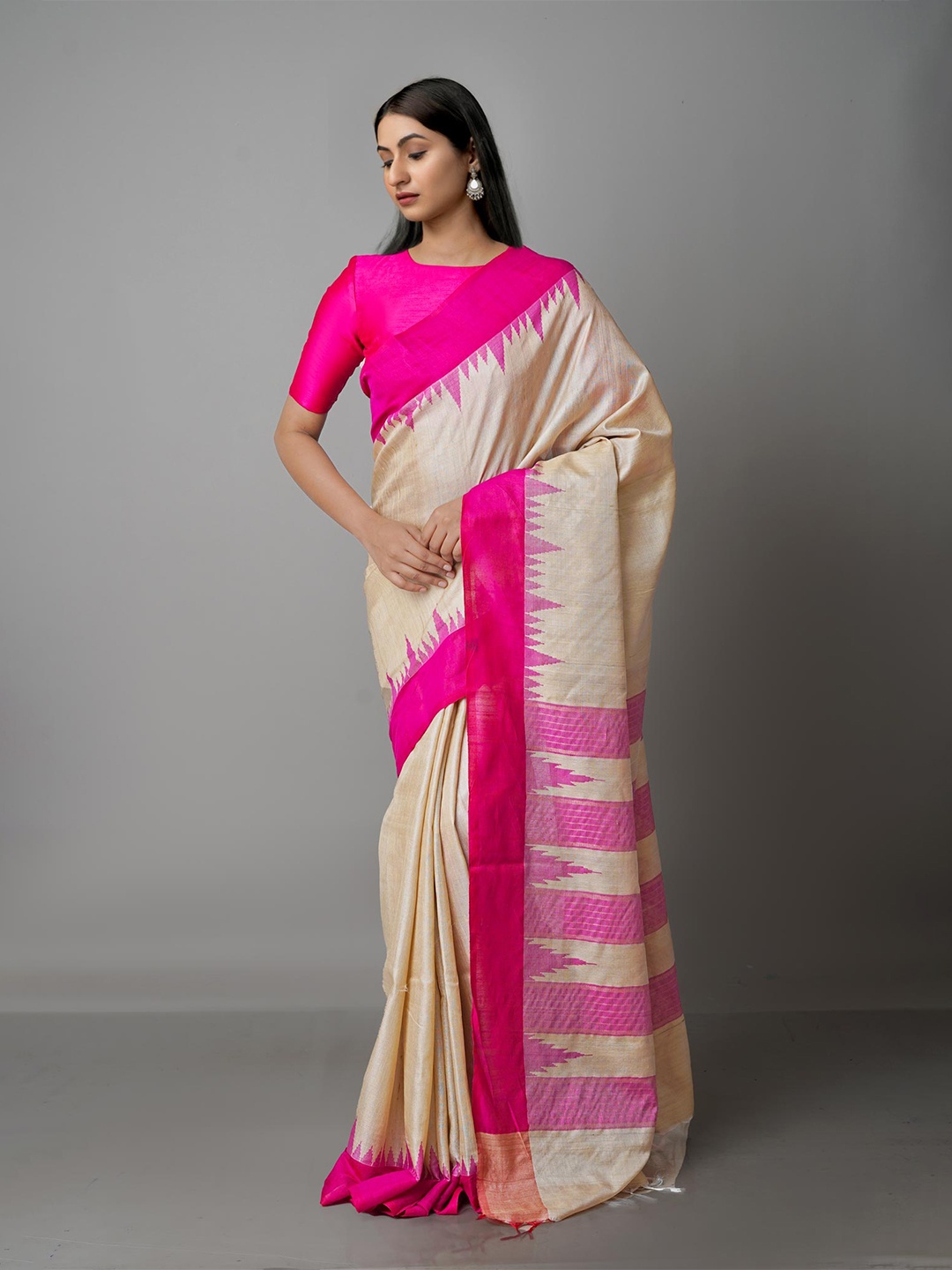 

Unnati Silks Champagne & Pink Woven Design Pure Silk Tussar Saree