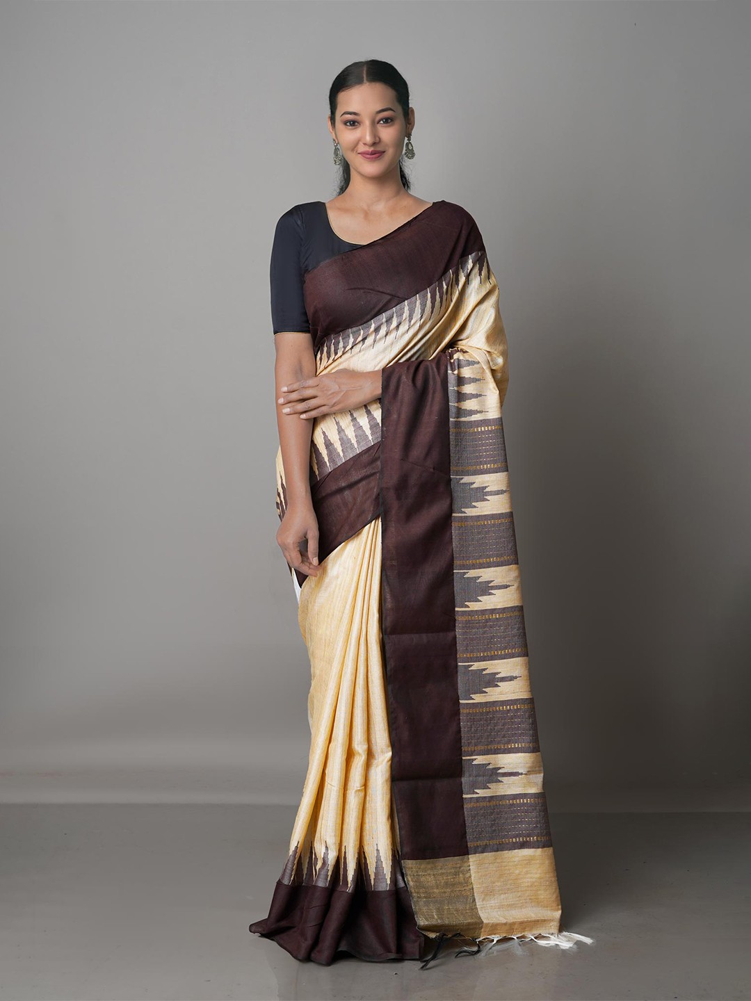 

Unnati Silks Champagne & Coffee Brown Woven Design Pure Silk Tussar Saree