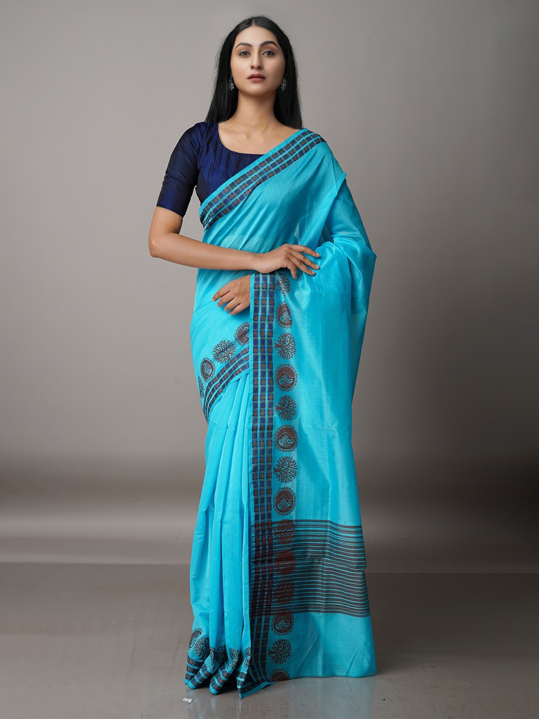 

Unnati Silks Blue & Brown Woven Design Silk Cotton Bhagalpuri Saree