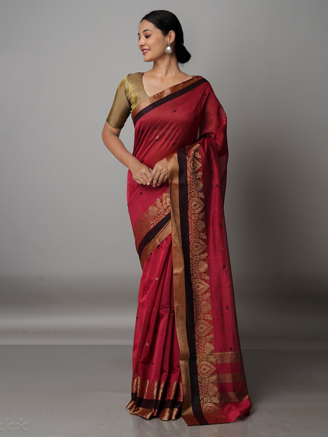 

Unnati Silks Pink & Copper-Toned Woven Design Zari Silk Cotton Bhagalpuri Saree