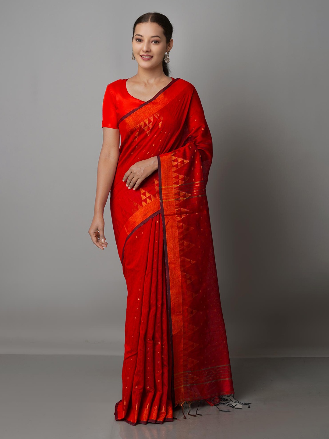 

Unnati Silks Burgundy & Copper-Toned Woven Design Zari Jamdani Saree