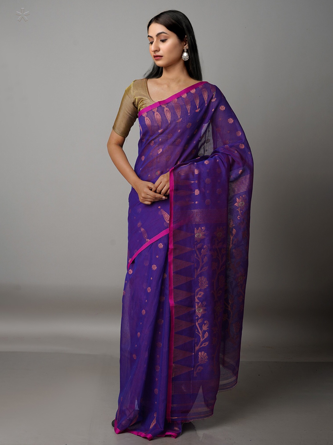 

Unnati Silks Purple & Copper-Toned Woven Design Zari Silk Cotton Jamdani Saree