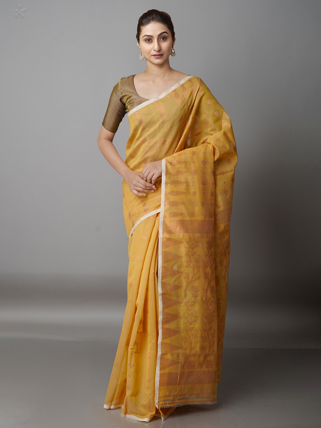 

Unnati Silks Cream-Coloured & Copper-Toned Woven Design Zari Silk Cotton Jamdani Saree