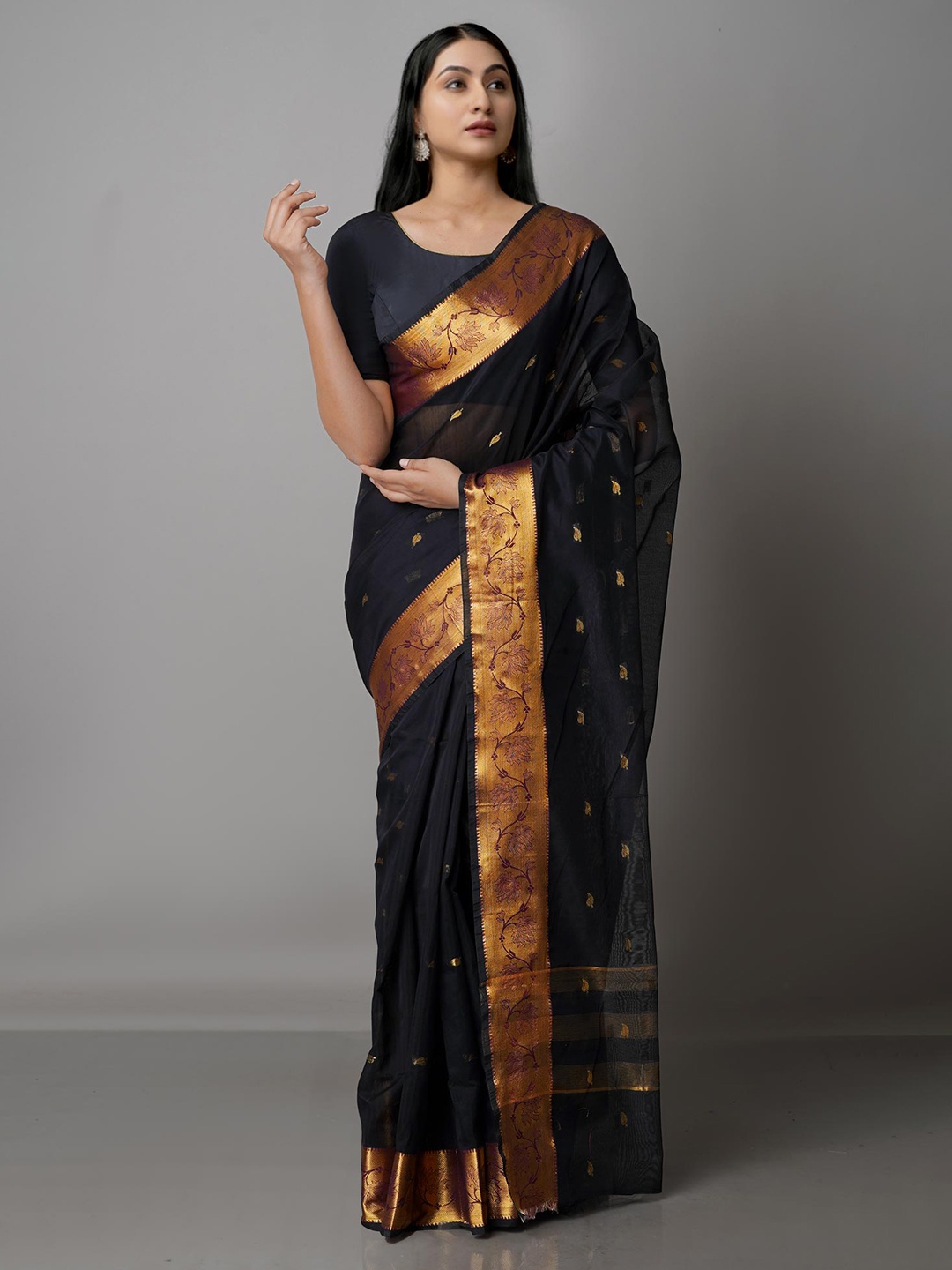 

Unnati Silks Black & Copper-Toned Woven Design Zari Silk Cotton Bhagalpuri Saree