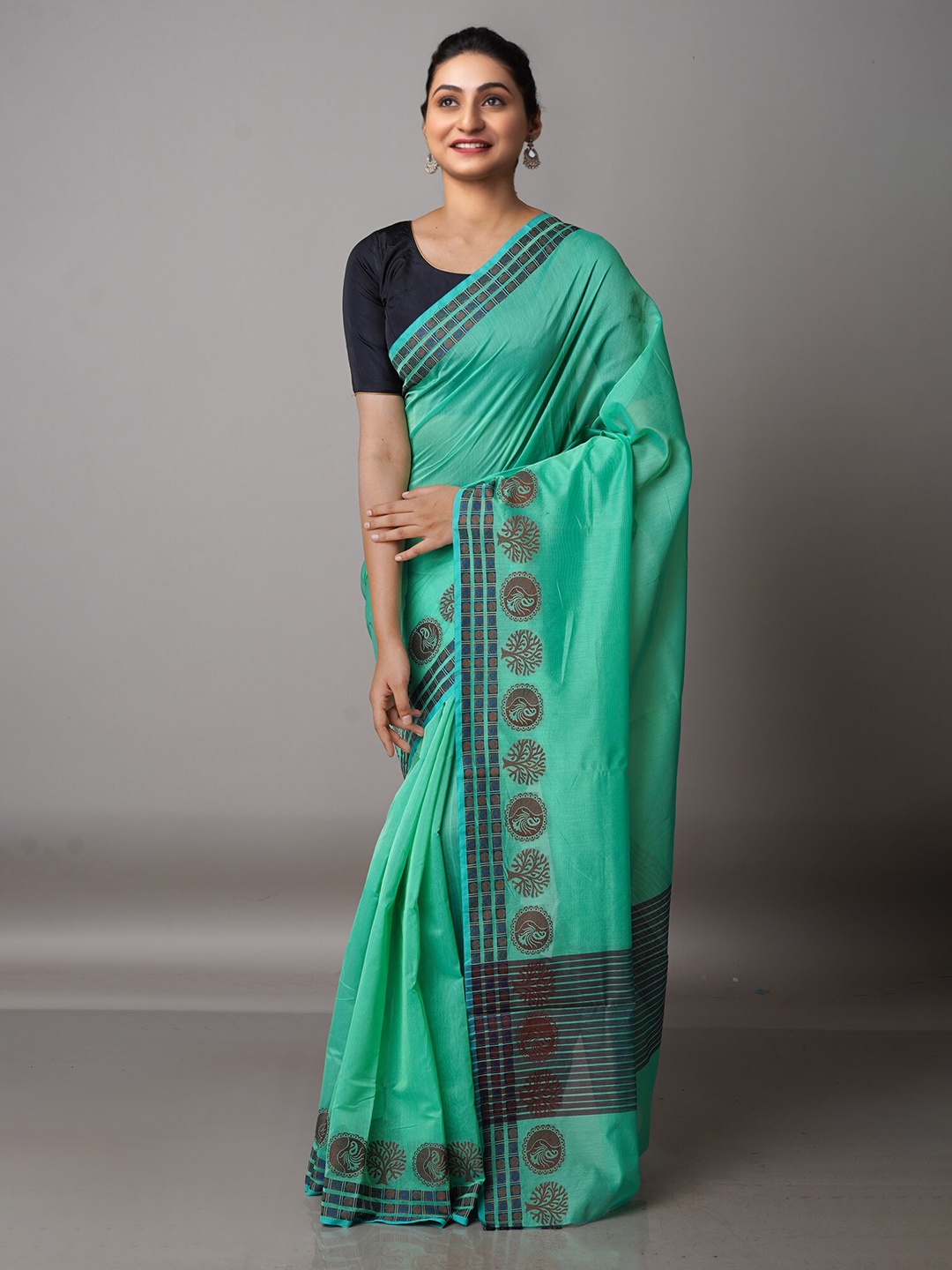 

Unnati Silks Green & Brown Silk Cotton Bhagalpuri Saree
