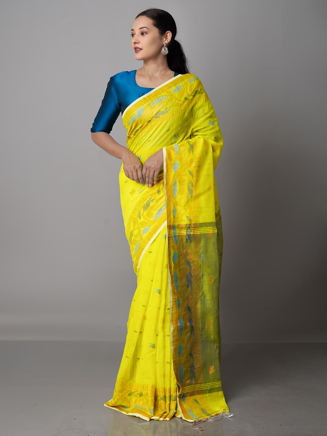 

Unnati Silks Yellow & Copper-Toned Ethnic Motifs Zari Silk Cotton Jamdani Saree
