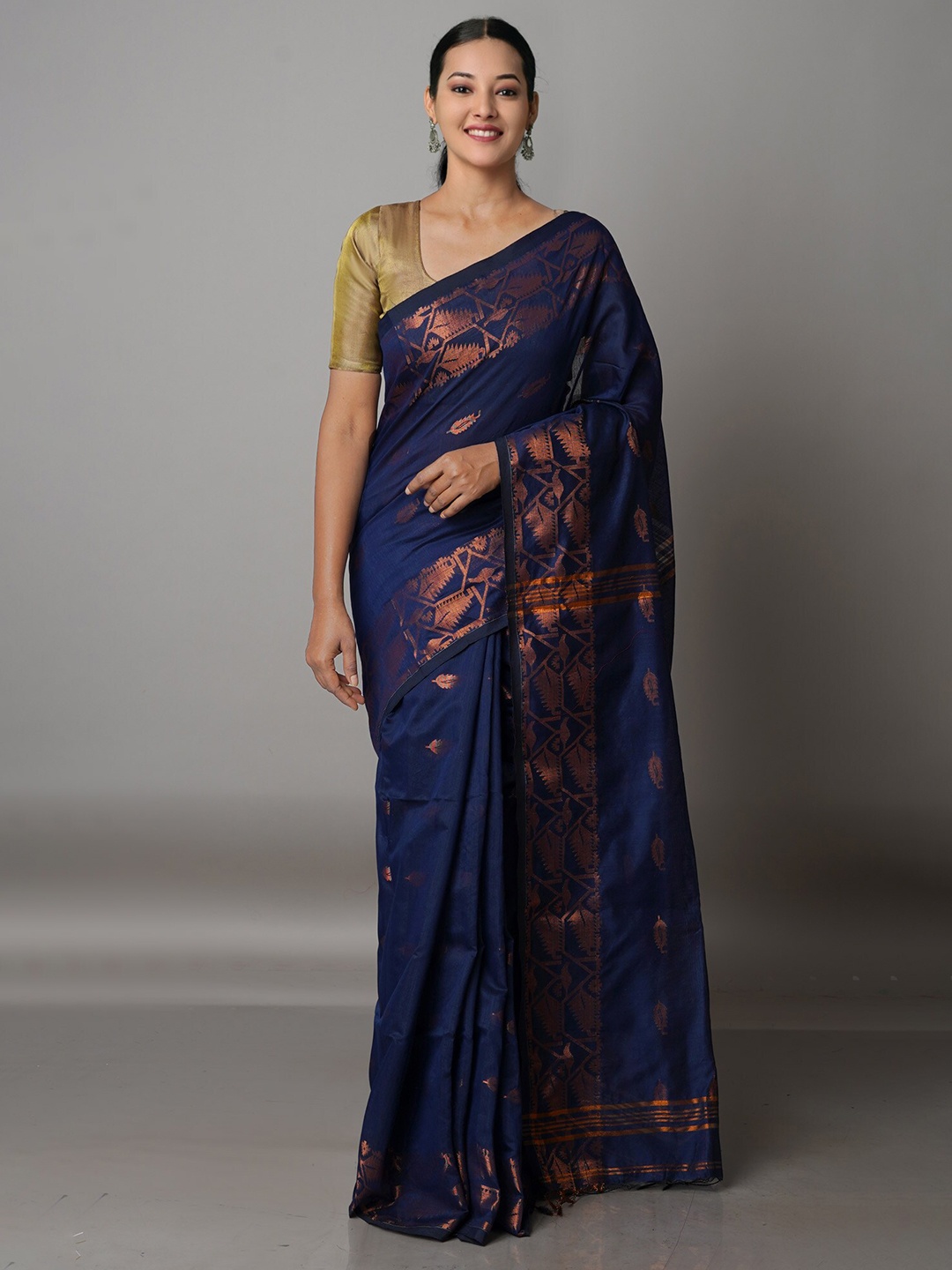 

Unnati Silks Navy Blue & Copper-Toned Ethnic Motifs Silk Cotton Jamdani Saree