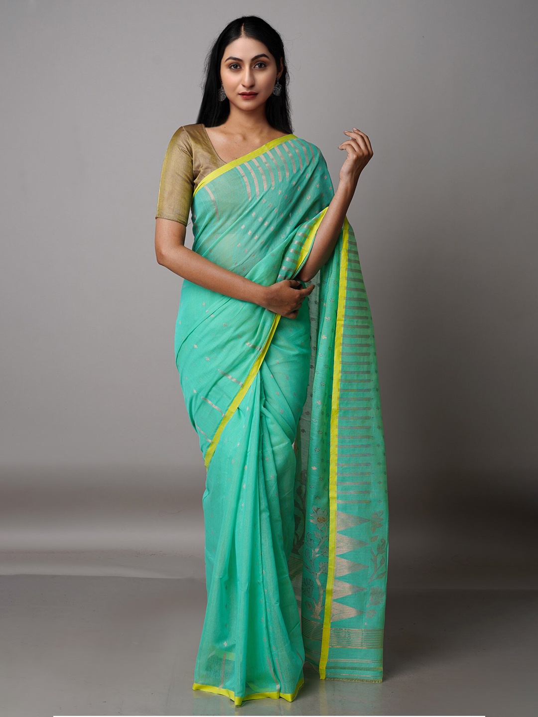 

Unnati Silks Green & Copper-Toned Woven Design Zari Silk Cotton Jamdani Saree