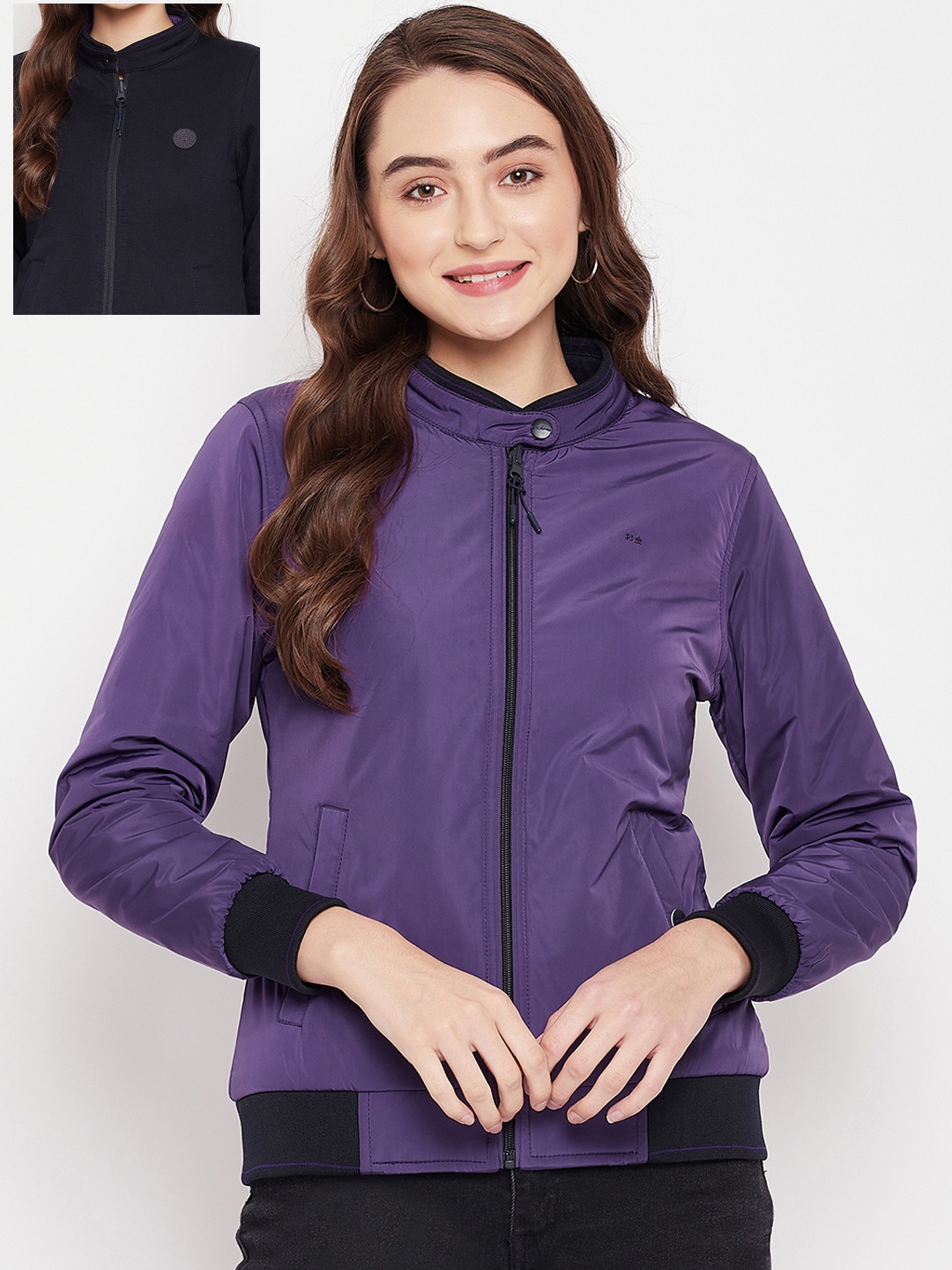 

Okane Women Purple & Navy Blue Reversible Bomber Jacket