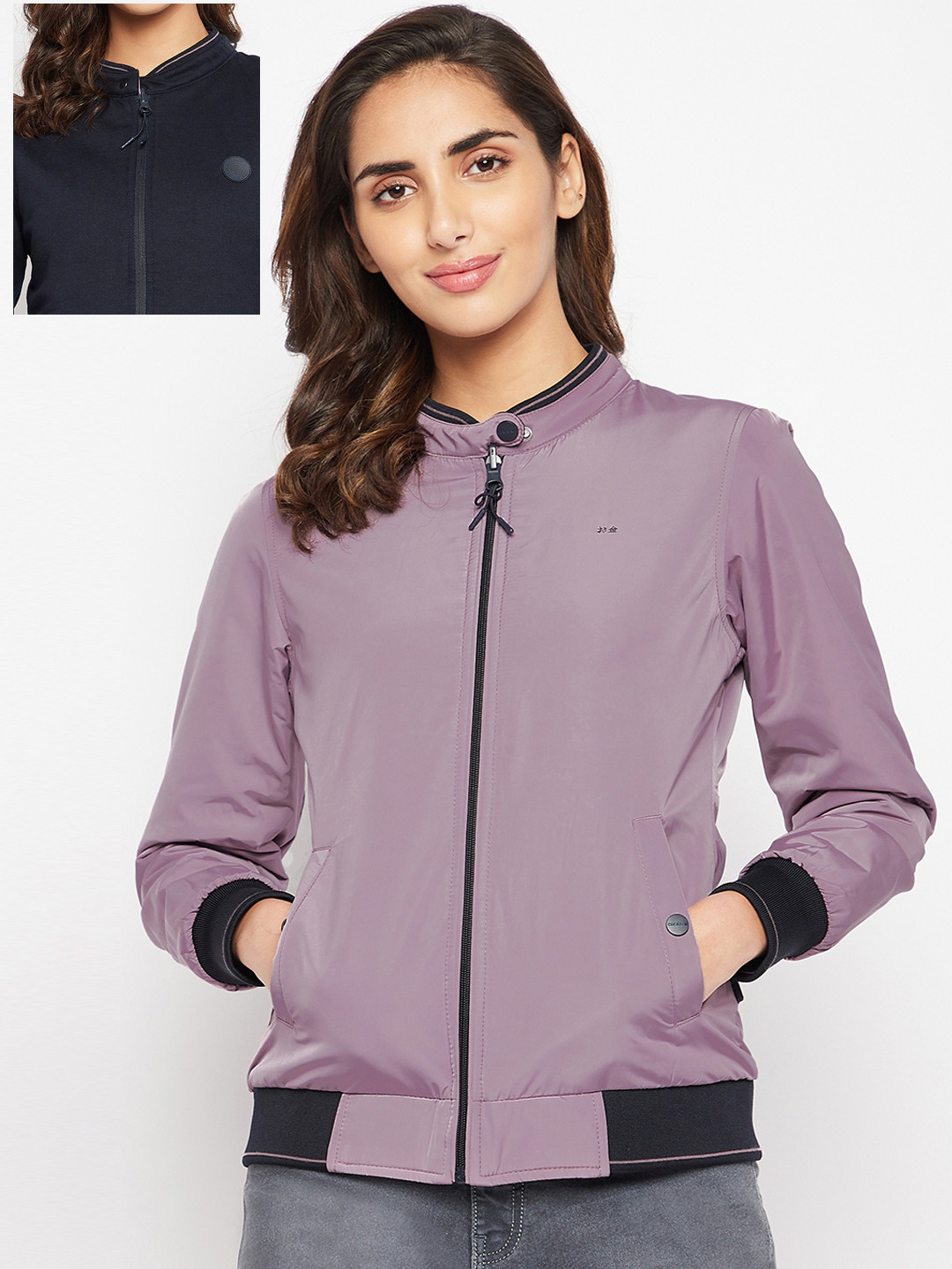 

Okane Women Mauve & Navy Blue Reversible Bomber Jacket