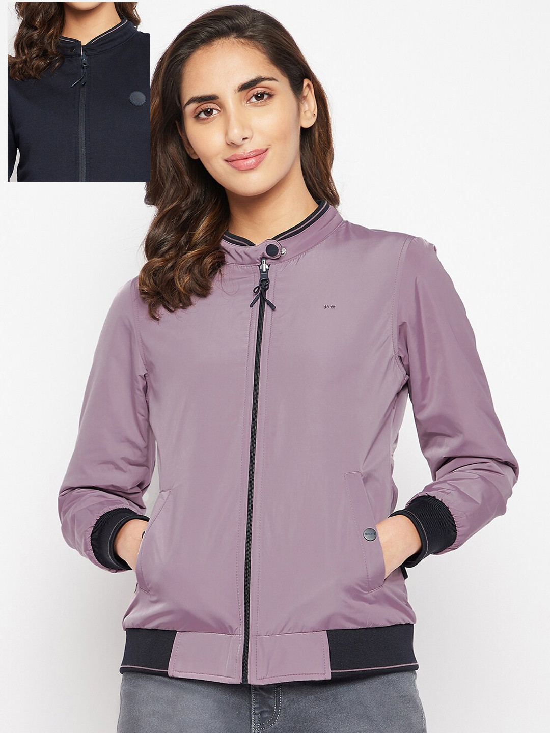 

Okane Women Mauve & Navy Blue Reversible Bomber Jacket