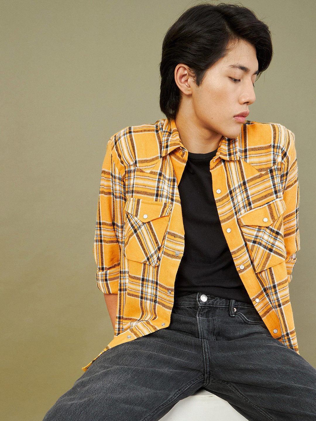 

MASCLN SASSAFRAS Men Tartan Checked Pure Cotton Casual Shirt, Yellow