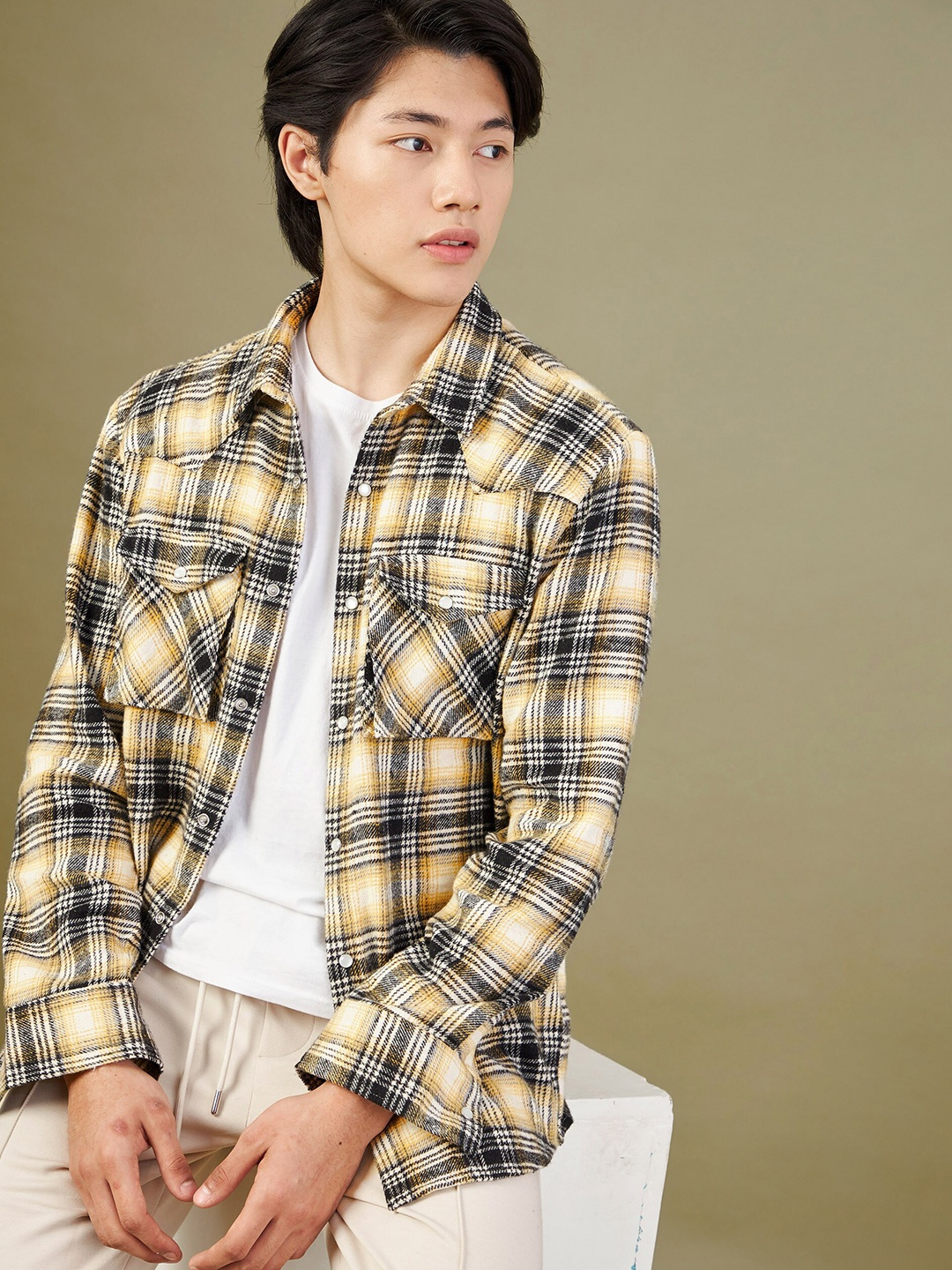 

MASCLN SASSAFRAS Men Mustard & Brown Tartan Checked Pure Cotton Casual Shirt
