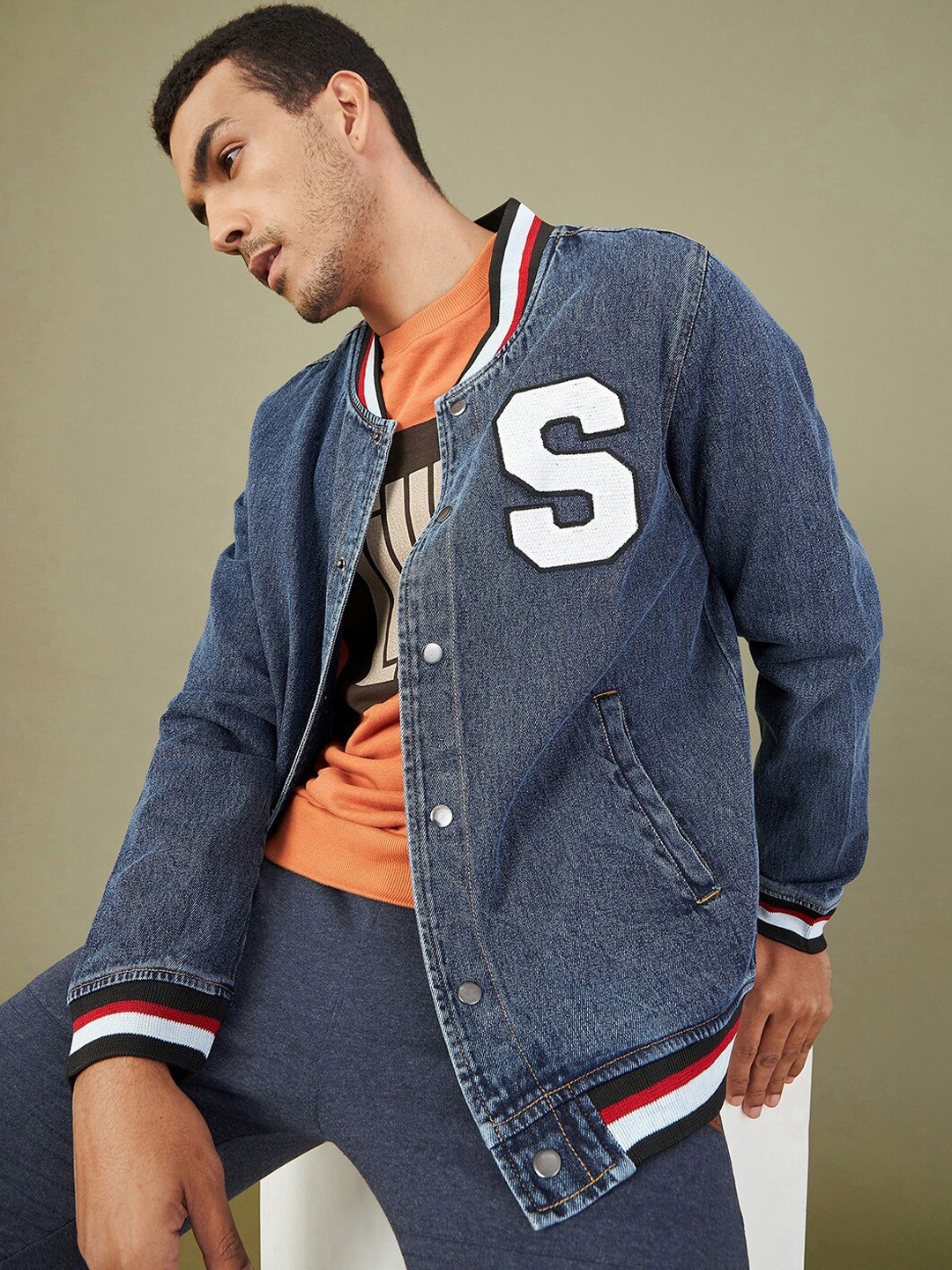 

MASCLN SASSAFRAS Men Blue Typography Denim Jacket with Patchwork