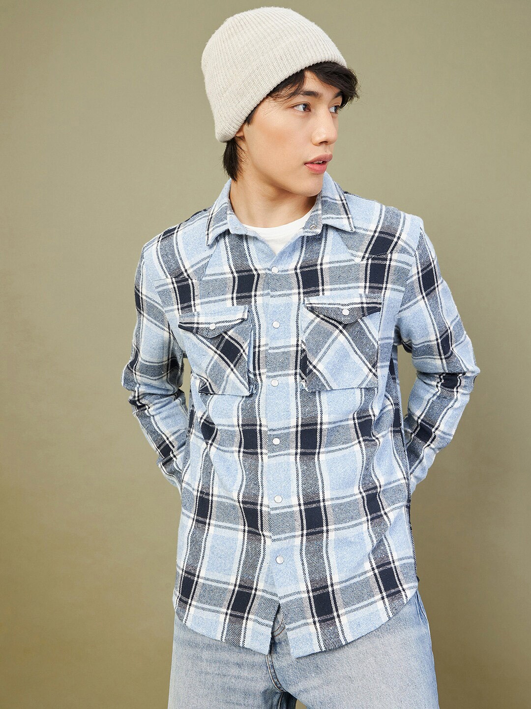 

MASCLN SASSAFRAS Men Buffalo Checked Cotton Casual Shirt, Blue