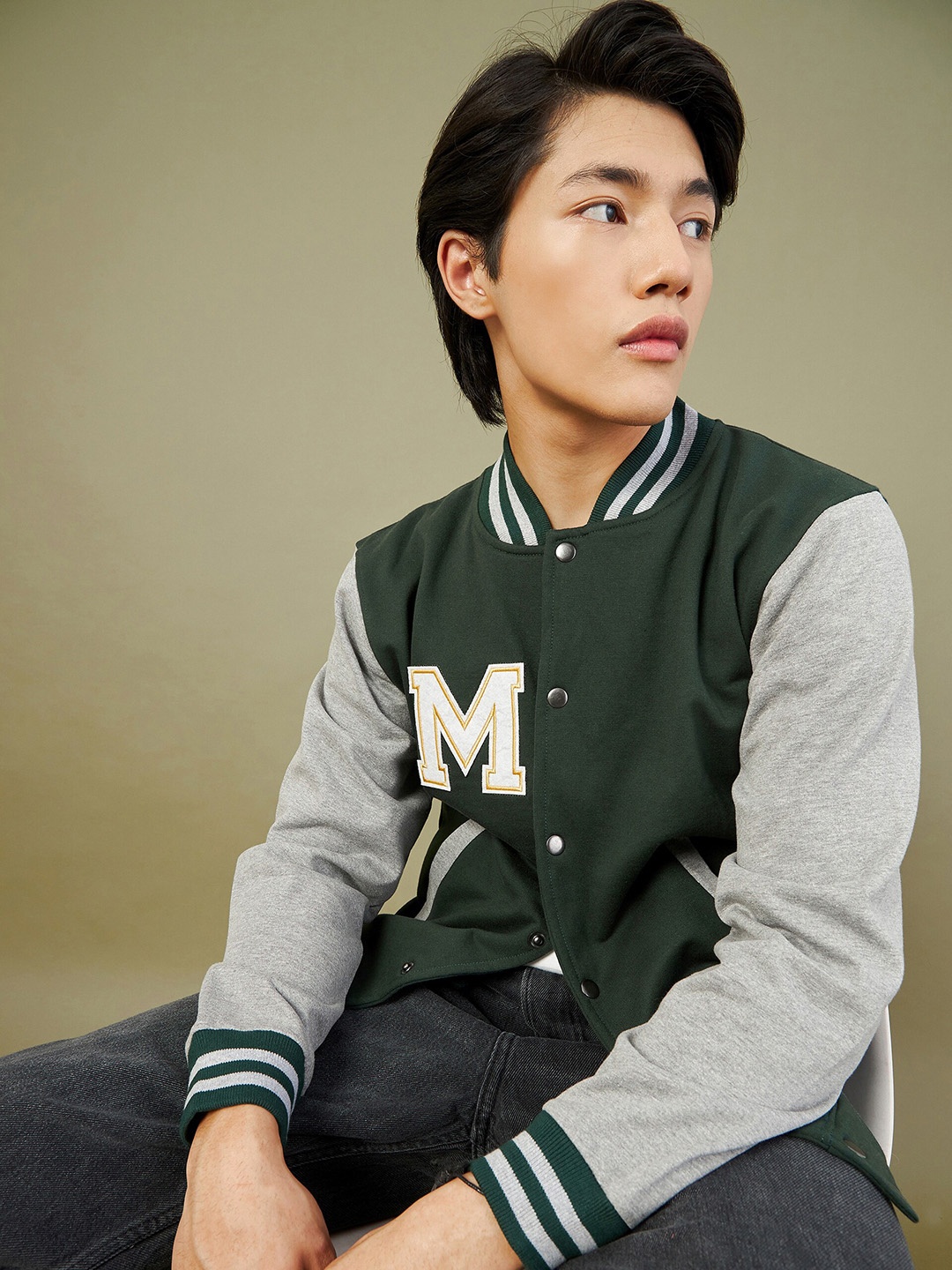 

MASCLN SASSAFRAS Men Green Fleece Varsity Jacket with Patchwork