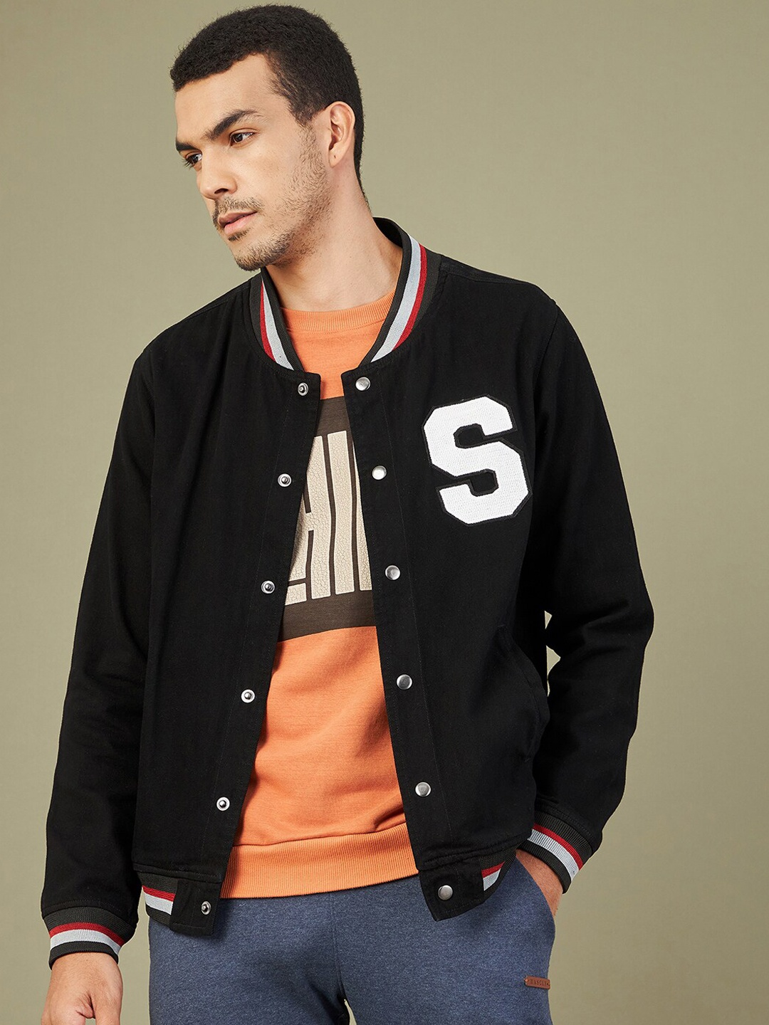 

MASCLN SASSAFRAS Men Black Varsity Jacket with Patchwork