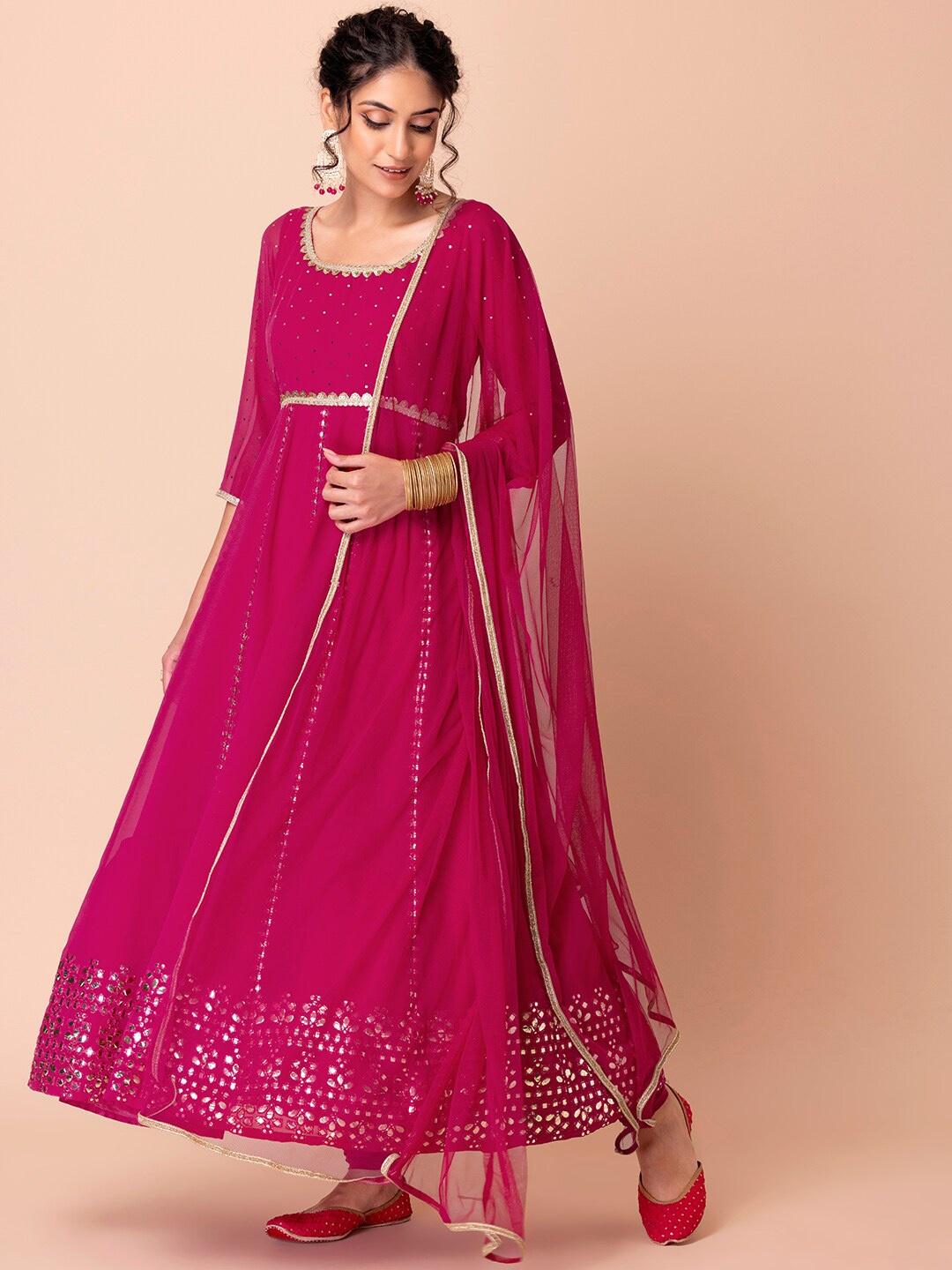 

Indya Luxe Women Pink Ethnic Motifs Embroidered Gotta Patti Kurta with Churidar & With Dupatta