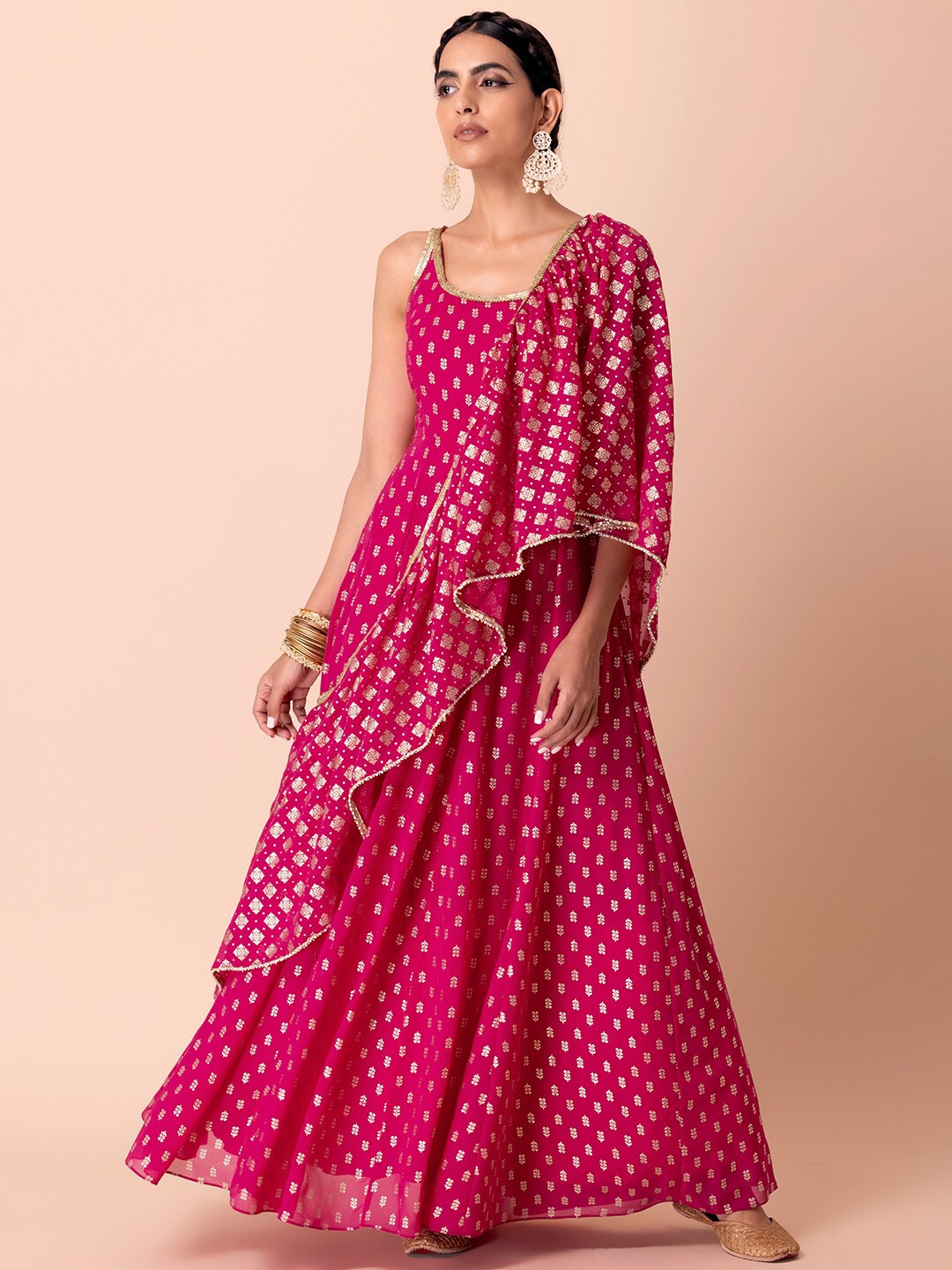 

Indya Luxe Women Pink Ethnic Motifs Printed Pleated Gotta Patti Kurta With Dupatta