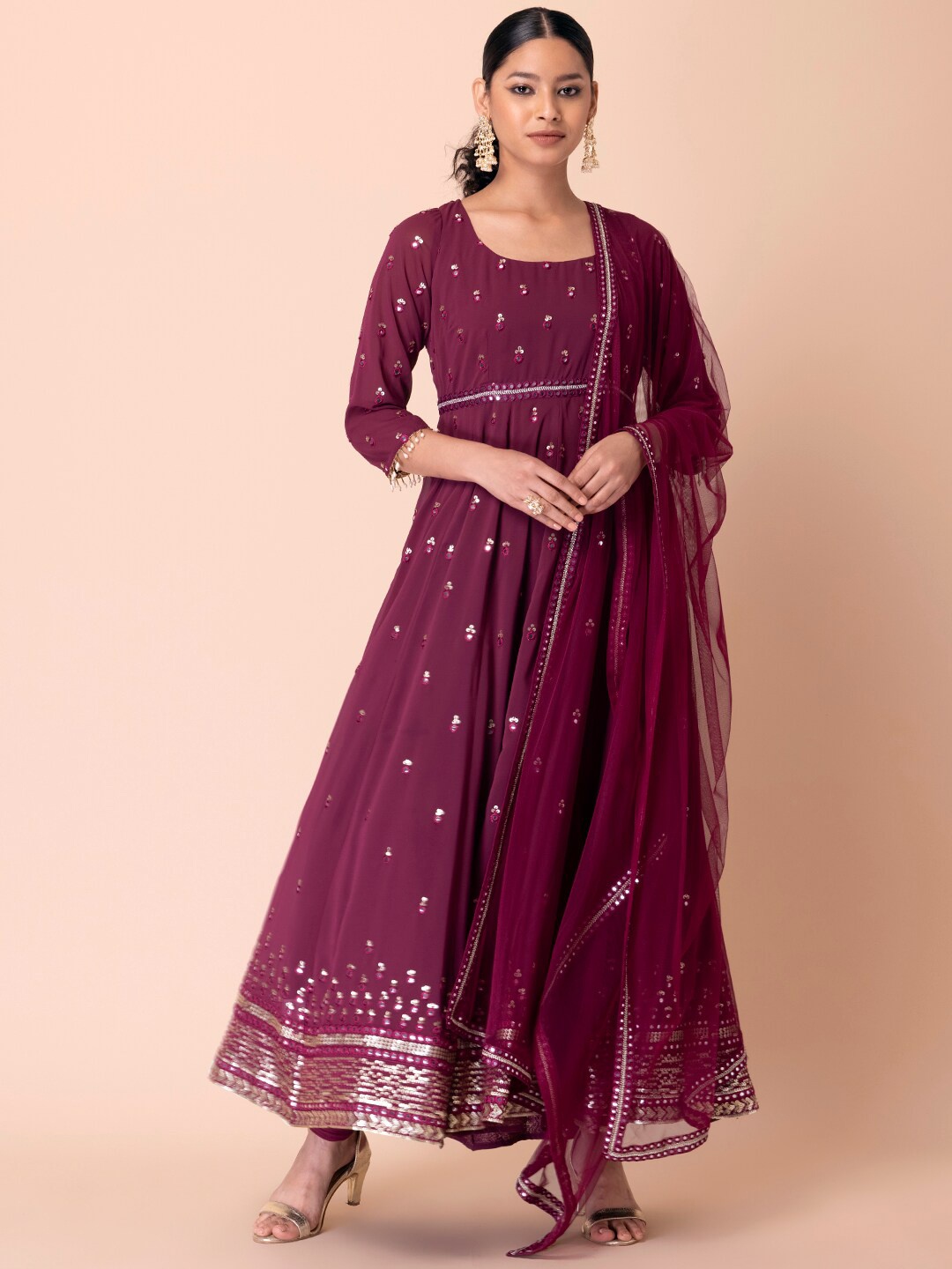 

Indya Luxe Women Magenta & Silver Embroidered Anarkali Kurta with Churidar & With Dupatta