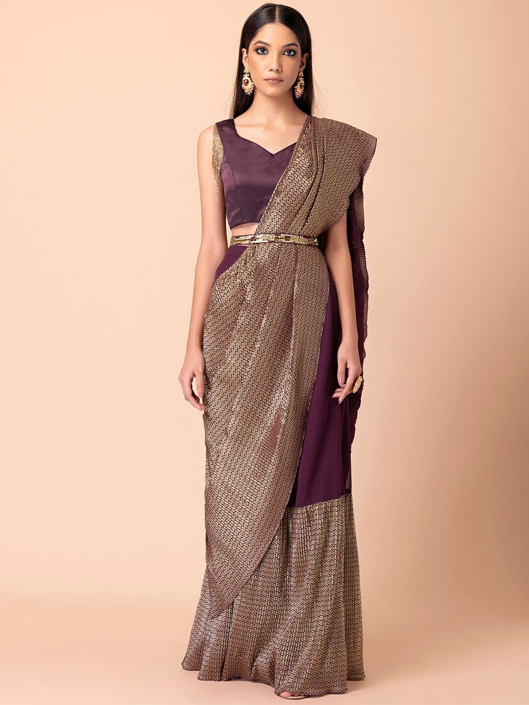 

Indya Luxe Purple & Gold-Toned Embellished Sequinned Saree And Embroidered Belt