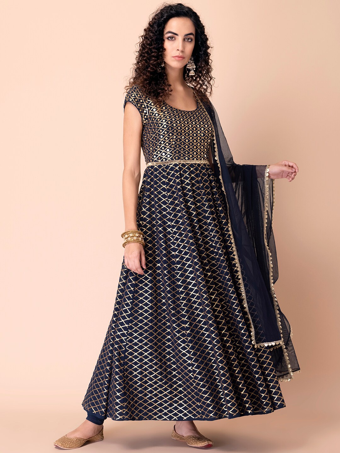 

Indya Luxe Women Blue Embroidered Panelled Sequinned Kurta with Churidar & Dupatta