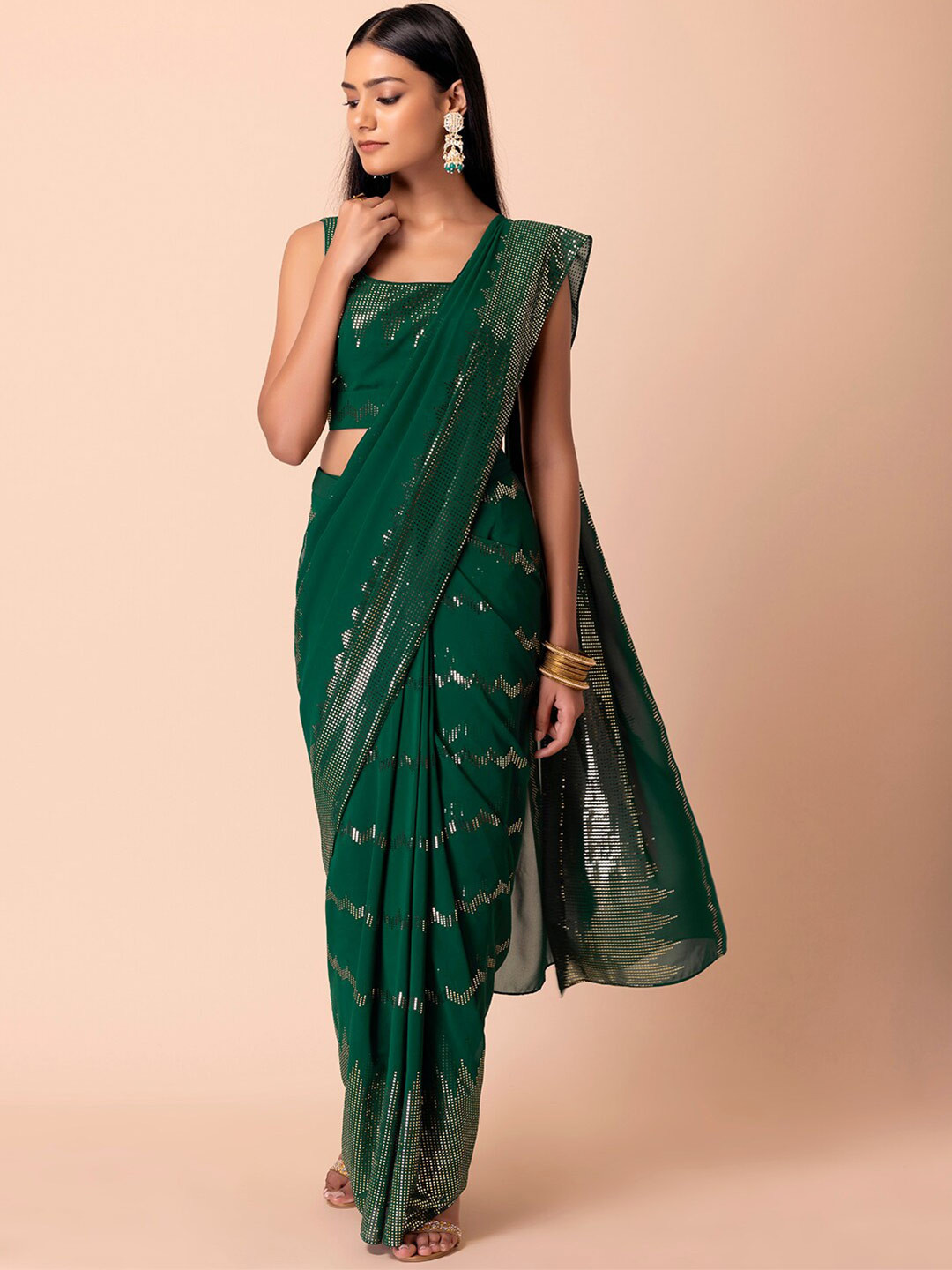 

Indya Luxe Green & Silver-Toned Embellished Saree Set With Blouse