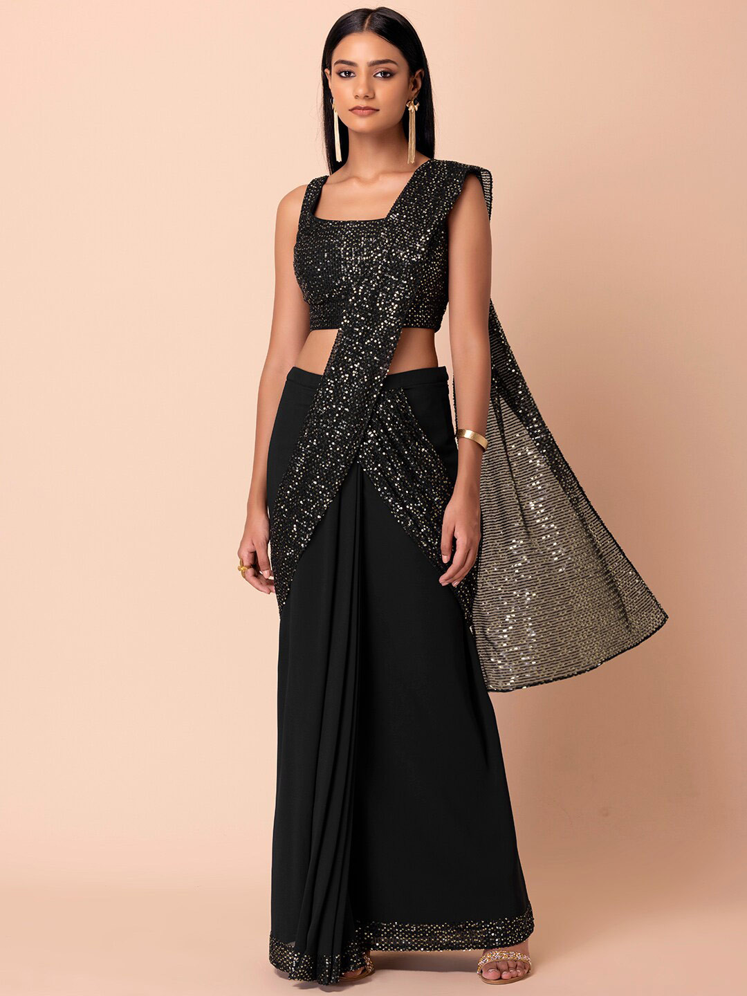 

Indya Luxe Black Sequinned Embellished Saree Set With Blouse